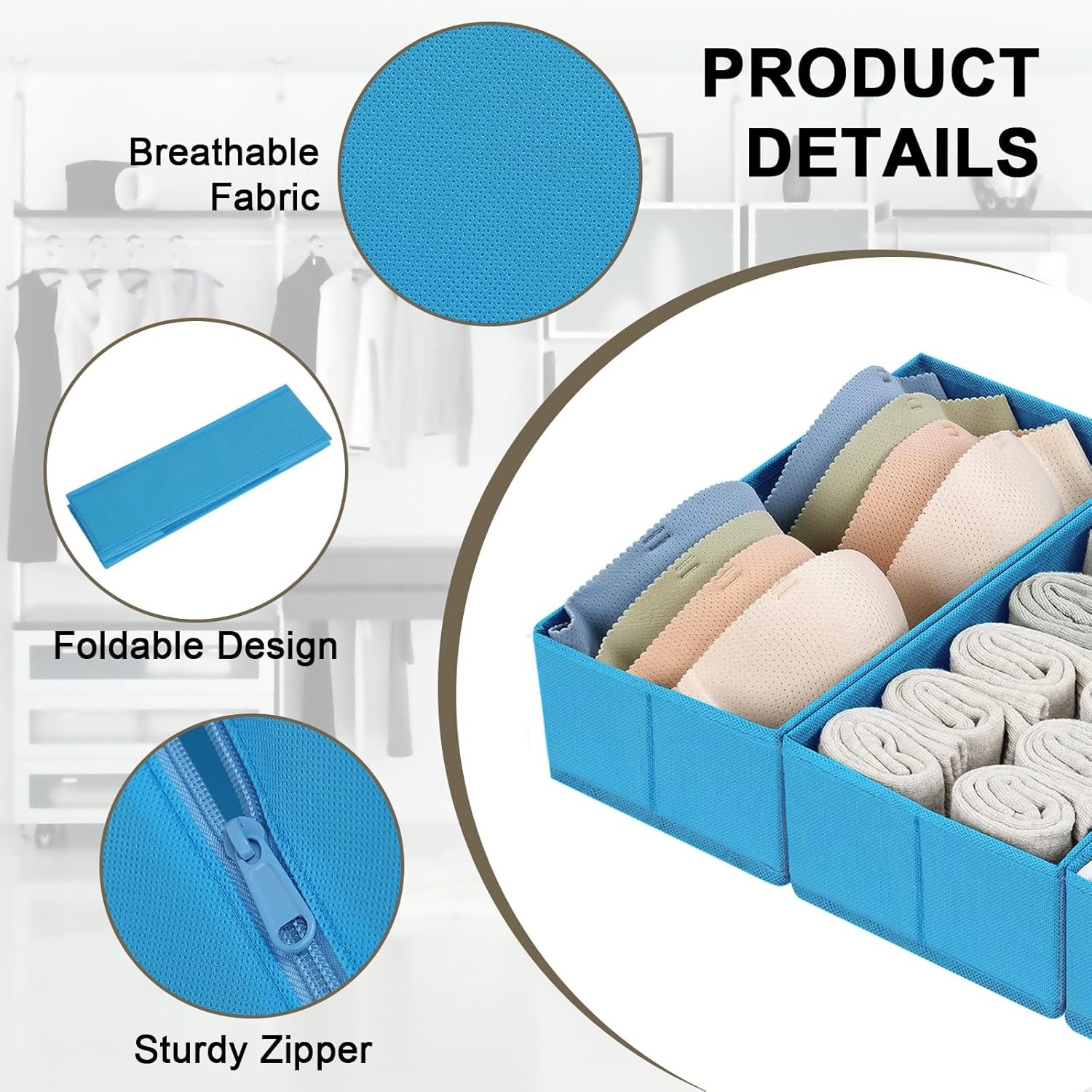 image:imageDIMJ Drawer Organizers Clothes Set of 4 Dresser Organizer Bins Fabric Closet Organizers and Storage Shallow Drawer Dividers for Nursery Clothing Baby Clothes Socks Underwears Tie GreyBlue