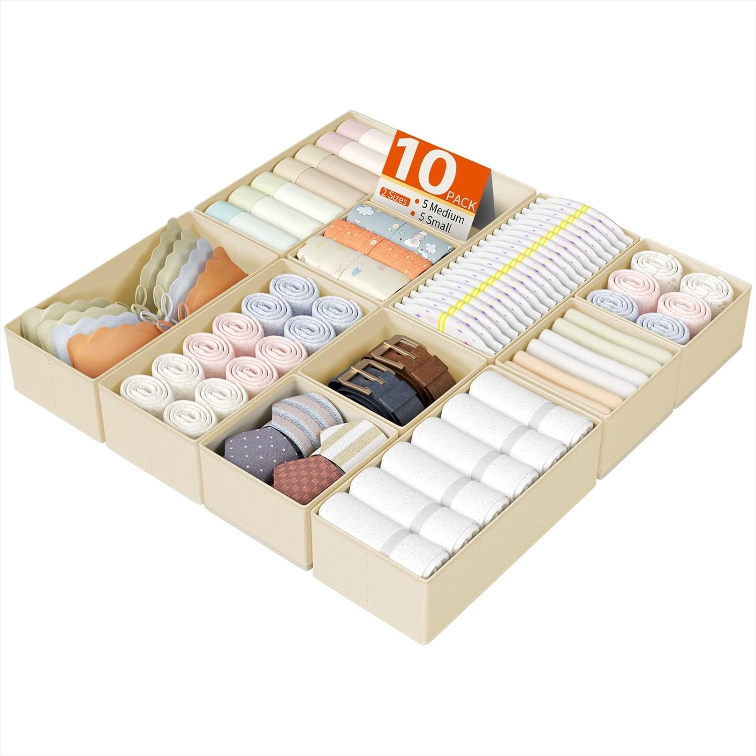 image:imageDIMJ Drawer Organizers Clothes Set of 4 Dresser Organizer Bins Fabric Closet Organizers and Storage Shallow Drawer Dividers for Nursery Clothing Baby Clothes Socks Underwears Tie GreyBeige