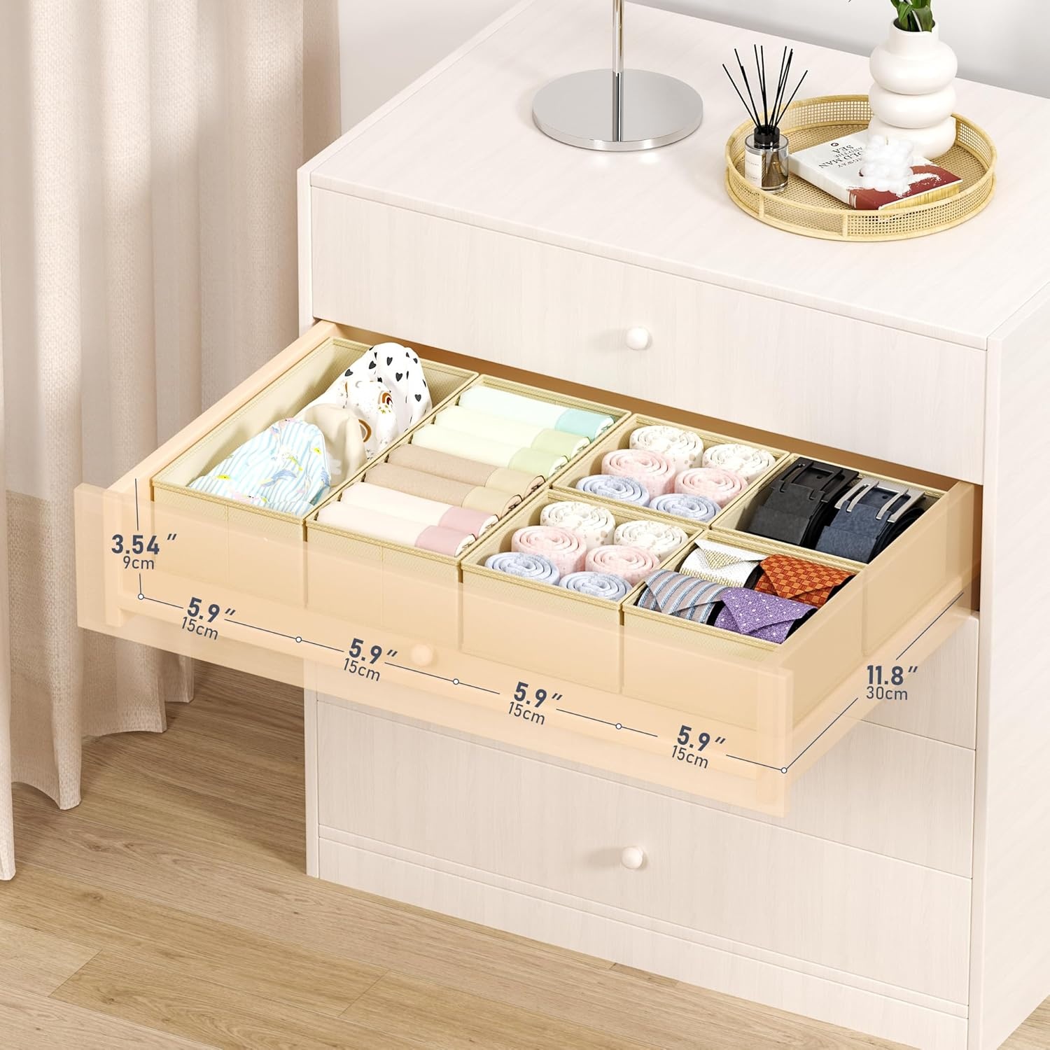image:imageDIMJ Drawer Organizers Clothes Set of 4 Dresser Organizer Bins Fabric Closet Organizers and Storage Shallow Drawer Dividers for Nursery Clothing Baby Clothes Socks Underwears Tie GreyBeige