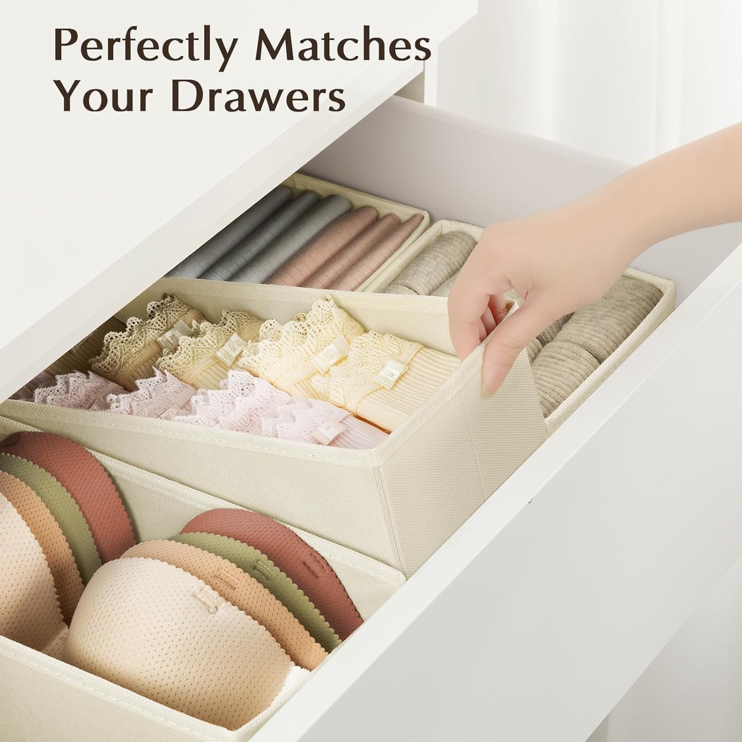 image:imageDIMJ Drawer Organizers Clothes Set of 4 Dresser Organizer Bins Fabric Closet Organizers and Storage Shallow Drawer Dividers for Nursery Clothing Baby Clothes Socks Underwears Tie GreyBeige