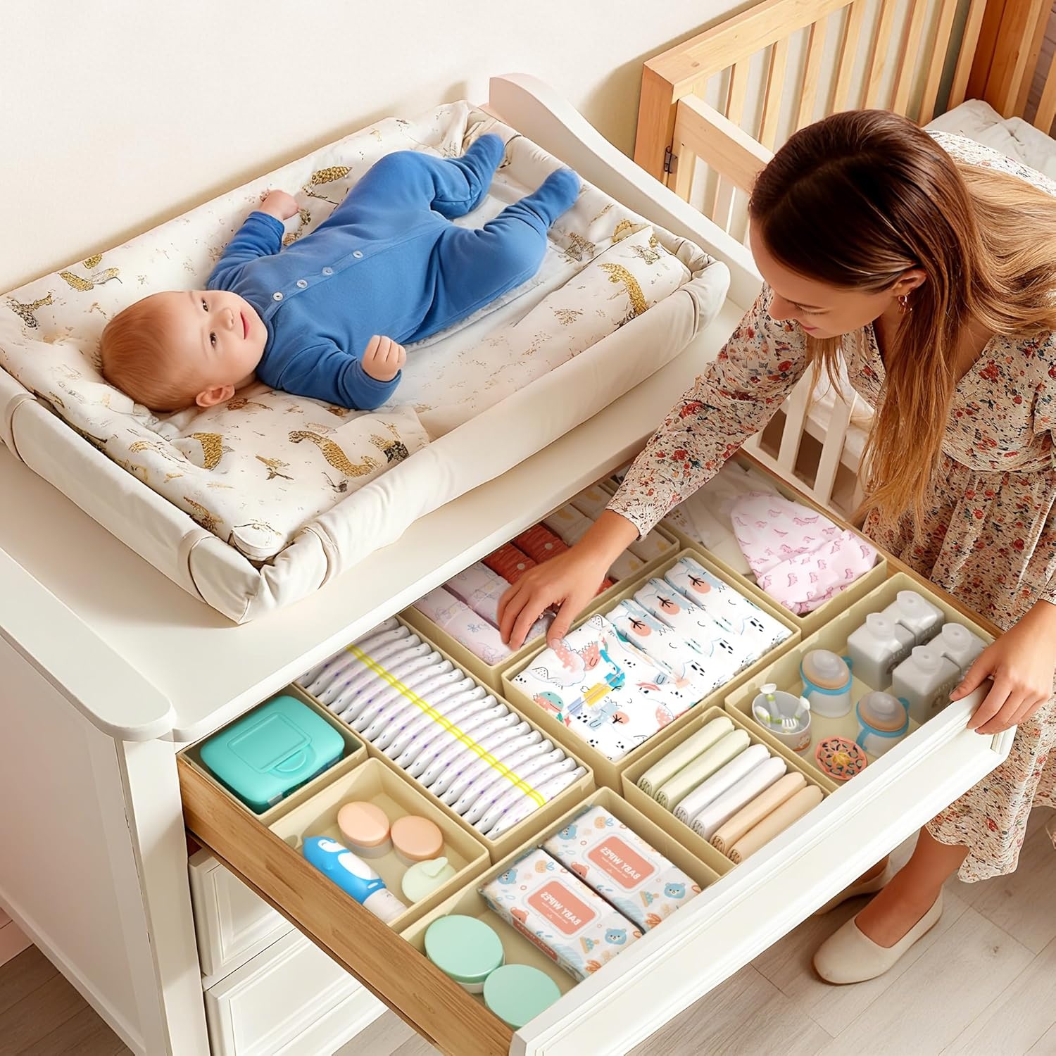 image:imageDIMJ Drawer Organizers Clothes Set of 4 Dresser Organizer Bins Fabric Closet Organizers and Storage Shallow Drawer Dividers for Nursery Clothing Baby Clothes Socks Underwears Tie GreyBeige