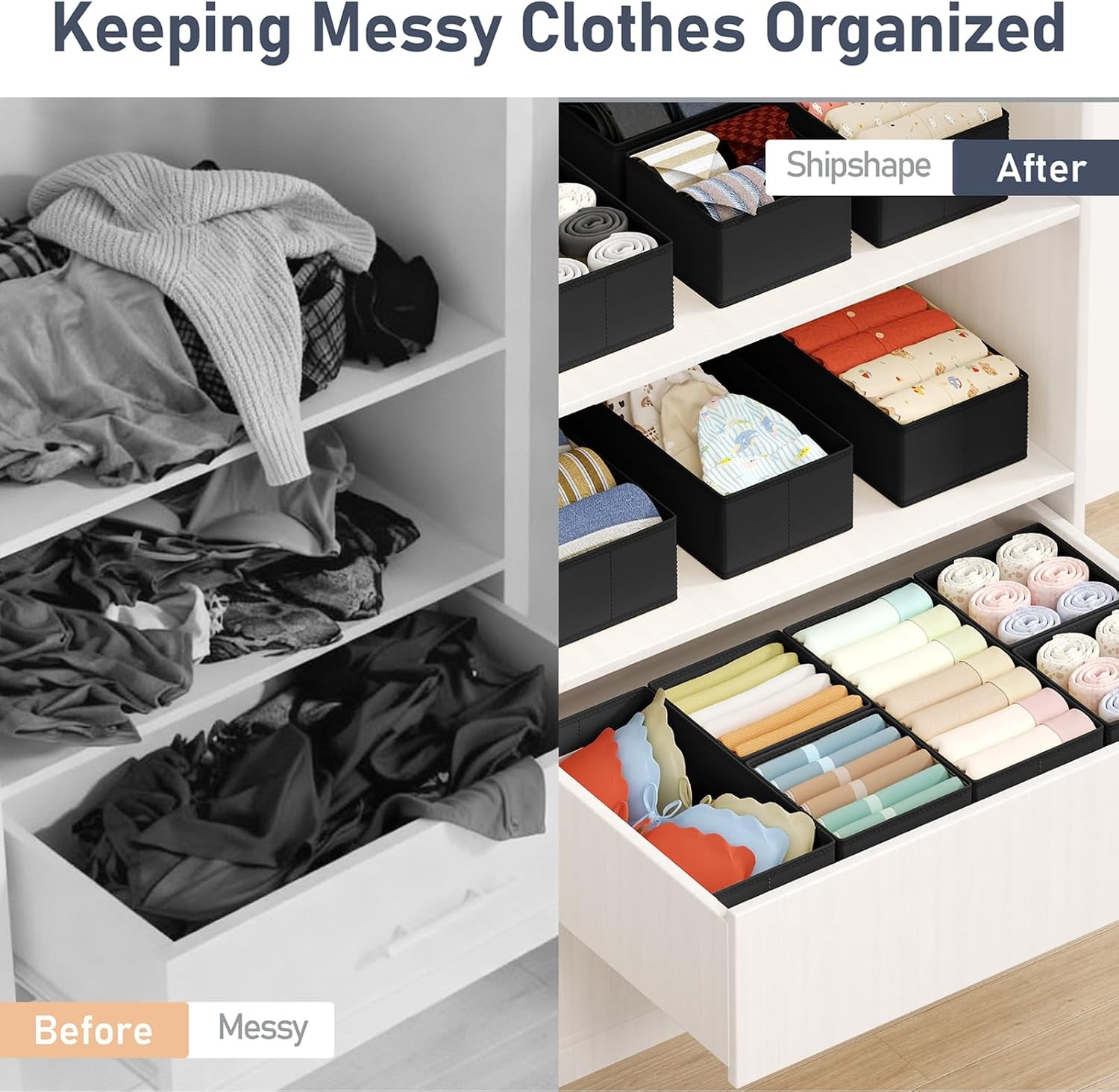 image:imageDIMJ Drawer Organizers Clothes Set of 4 Dresser Organizer Bins Fabric Closet Organizers and Storage Shallow Drawer Dividers for Nursery Clothing Baby Clothes Socks Underwears Tie GreyBlack