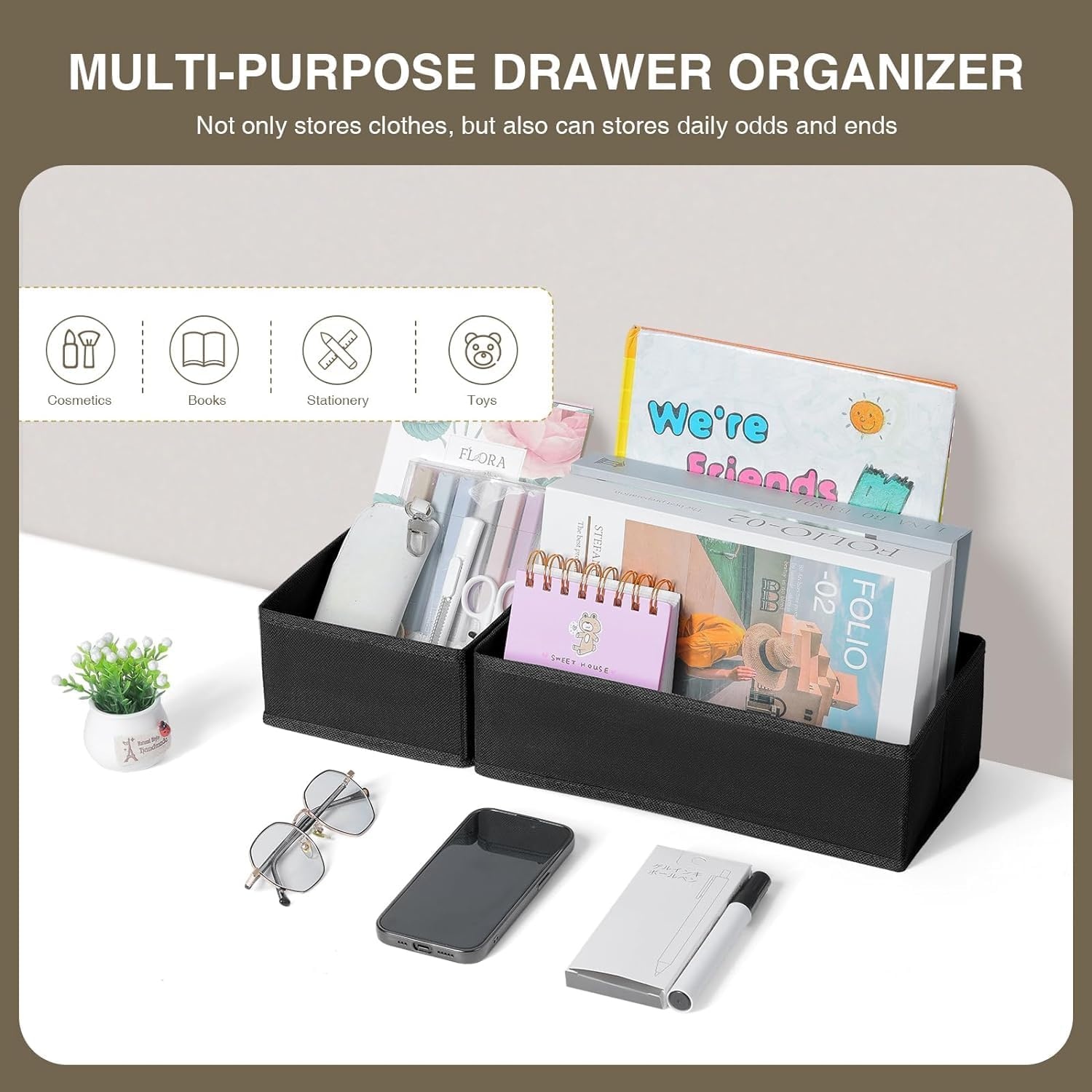 image:imageDIMJ Drawer Organizers Clothes Set of 4 Dresser Organizer Bins Fabric Closet Organizers and Storage Shallow Drawer Dividers for Nursery Clothing Baby Clothes Socks Underwears Tie GreyBlack