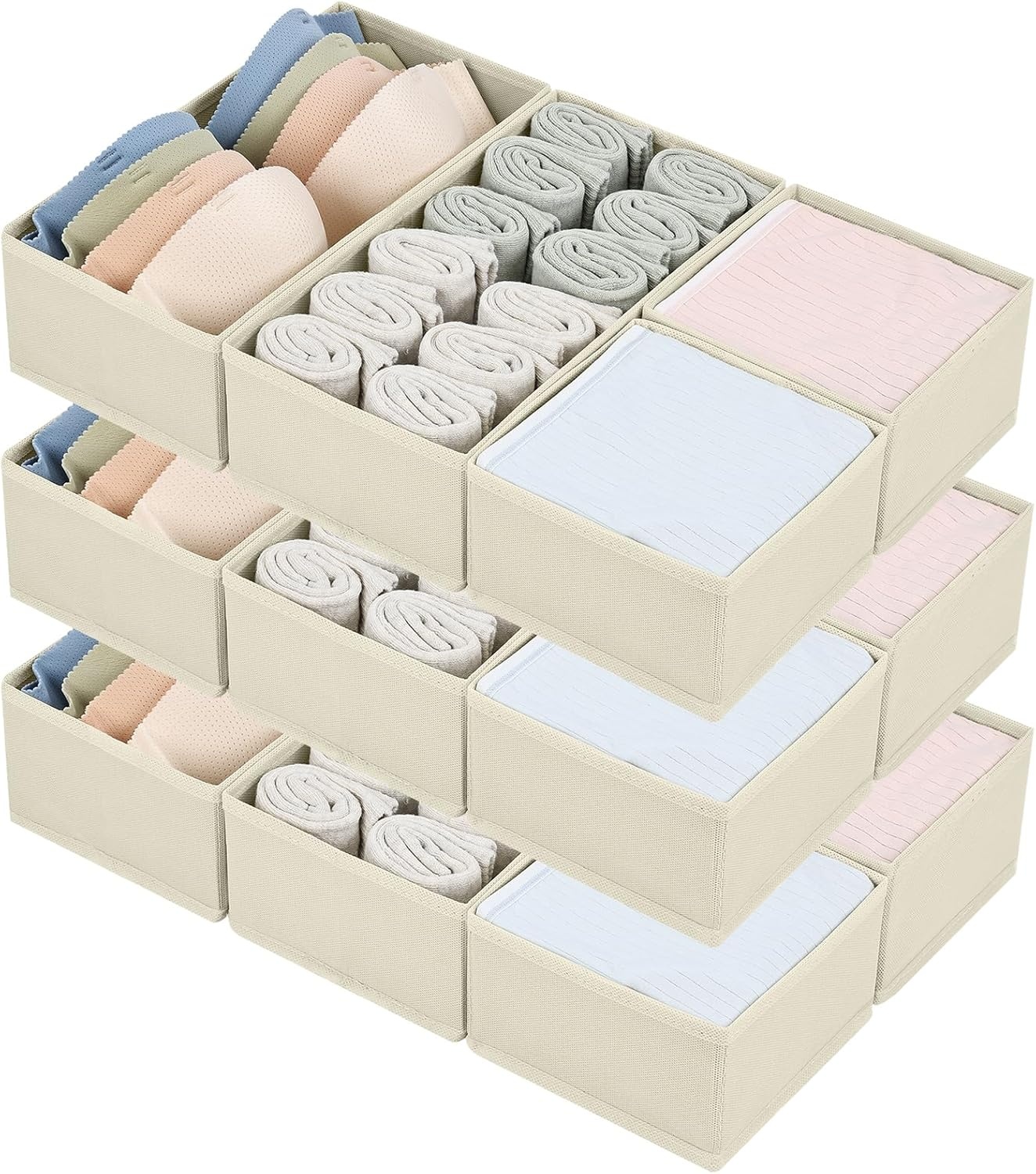 image:imageDIMJ Drawer Organizers Clothes Set of 4 Dresser Organizer Bins Fabric Closet Organizers and Storage Shallow Drawer Dividers for Nursery Clothing Baby Clothes Socks Underwears Tie GreyBeige