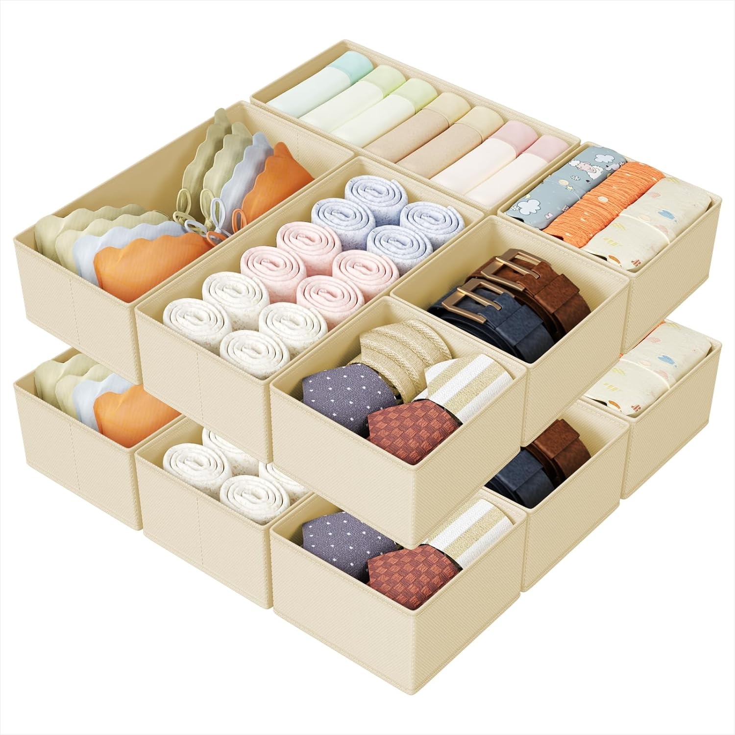 image:imageDIMJ Drawer Organizers Clothes Set of 4 Dresser Organizer Bins Fabric Closet Organizers and Storage Shallow Drawer Dividers for Nursery Clothing Baby Clothes Socks Underwears Tie GreyBeige