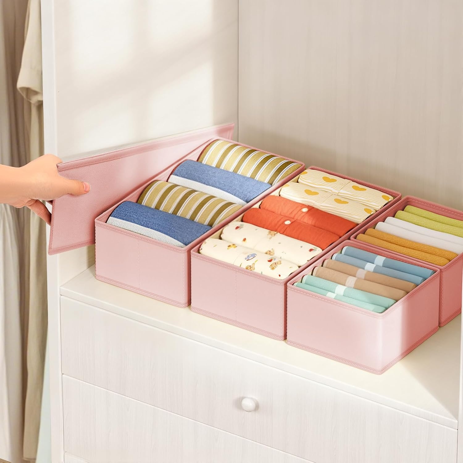 image:imageDIMJ Drawer Organizers Clothes Set of 4 Dresser Organizer Bins Fabric Closet Organizers and Storage Shallow Drawer Dividers for Nursery Clothing Baby Clothes Socks Underwears Tie GreyPink
