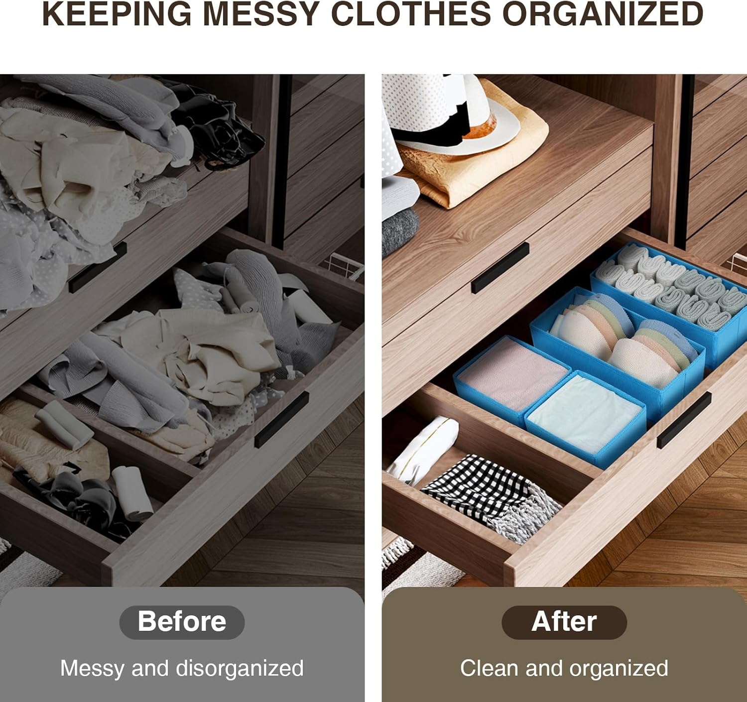 image:imageDIMJ Drawer Organizers Clothes Set of 4 Dresser Organizer Bins Fabric Closet Organizers and Storage Shallow Drawer Dividers for Nursery Clothing Baby Clothes Socks Underwears Tie GreyBlue