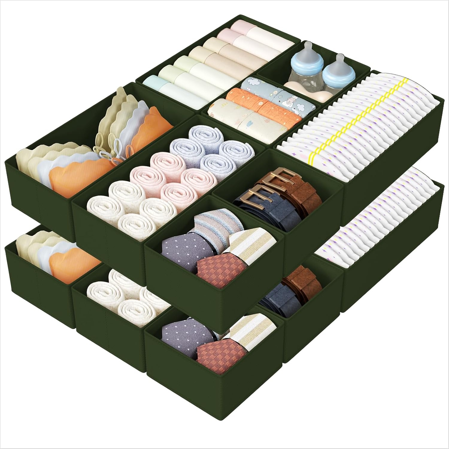 image:imageDIMJ Drawer Organizers Clothes Set of 4 Dresser Organizer Bins Fabric Closet Organizers and Storage Shallow Drawer Dividers for Nursery Clothing Baby Clothes Socks Underwears Tie GreyGreen