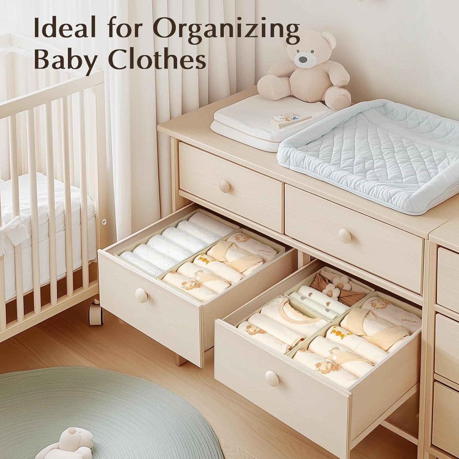 image:imageDIMJ Drawer Organizers Clothes Set of 4 Dresser Organizer Bins Fabric Closet Organizers and Storage Shallow Drawer Dividers for Nursery Clothing Baby Clothes Socks Underwears Tie GreyBeige