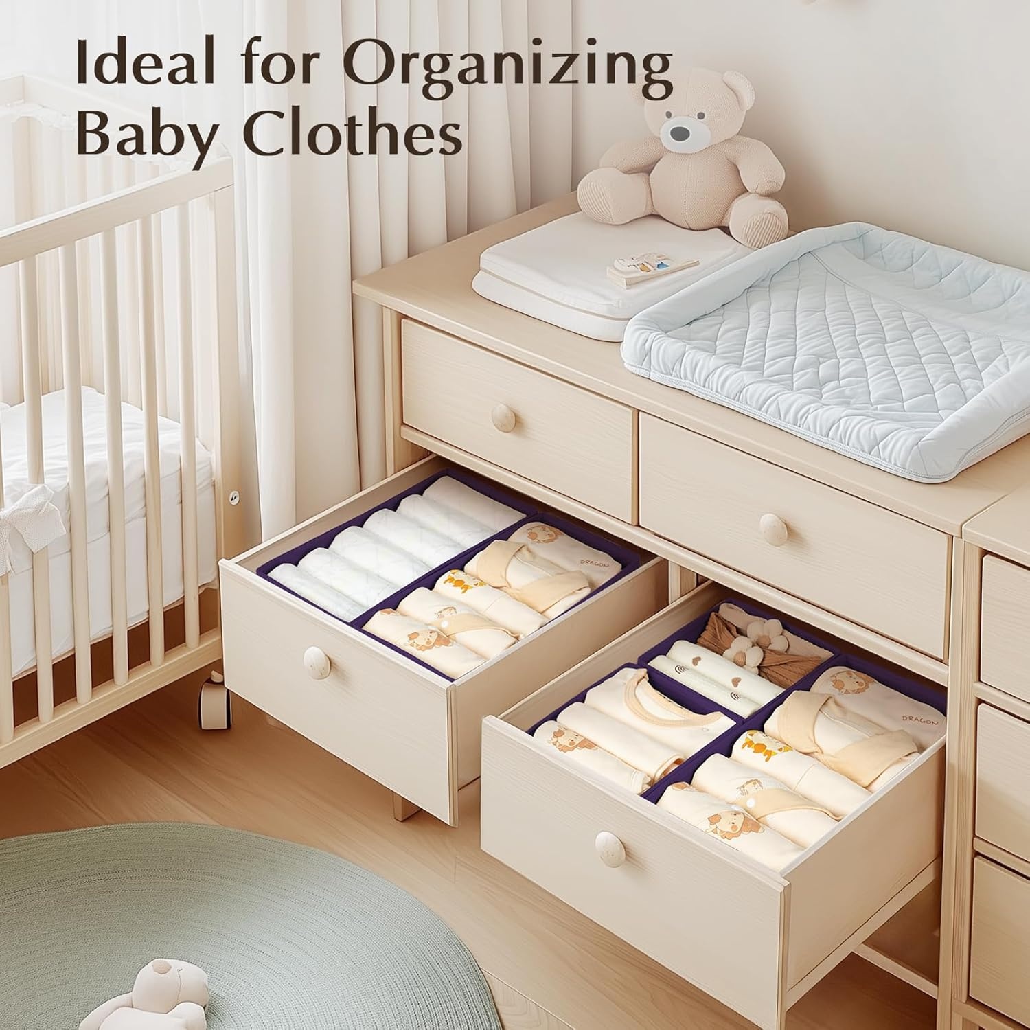 image:imageDIMJ Drawer Organizers Clothes Set of 4 Dresser Organizer Bins Fabric Closet Organizers and Storage Shallow Drawer Dividers for Nursery Clothing Baby Clothes Socks Underwears Tie GreyPurple