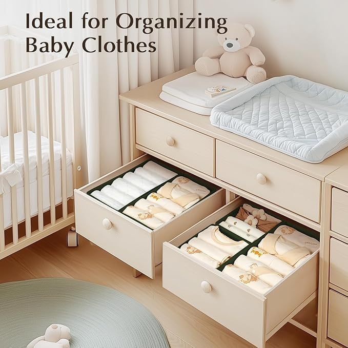 image:imageDIMJ Drawer Organizers Clothes Set of 4 Dresser Organizer Bins Fabric Closet Organizers and Storage Shallow Drawer Dividers for Nursery Clothing Baby Clothes Socks Underwears Tie GreyGreen