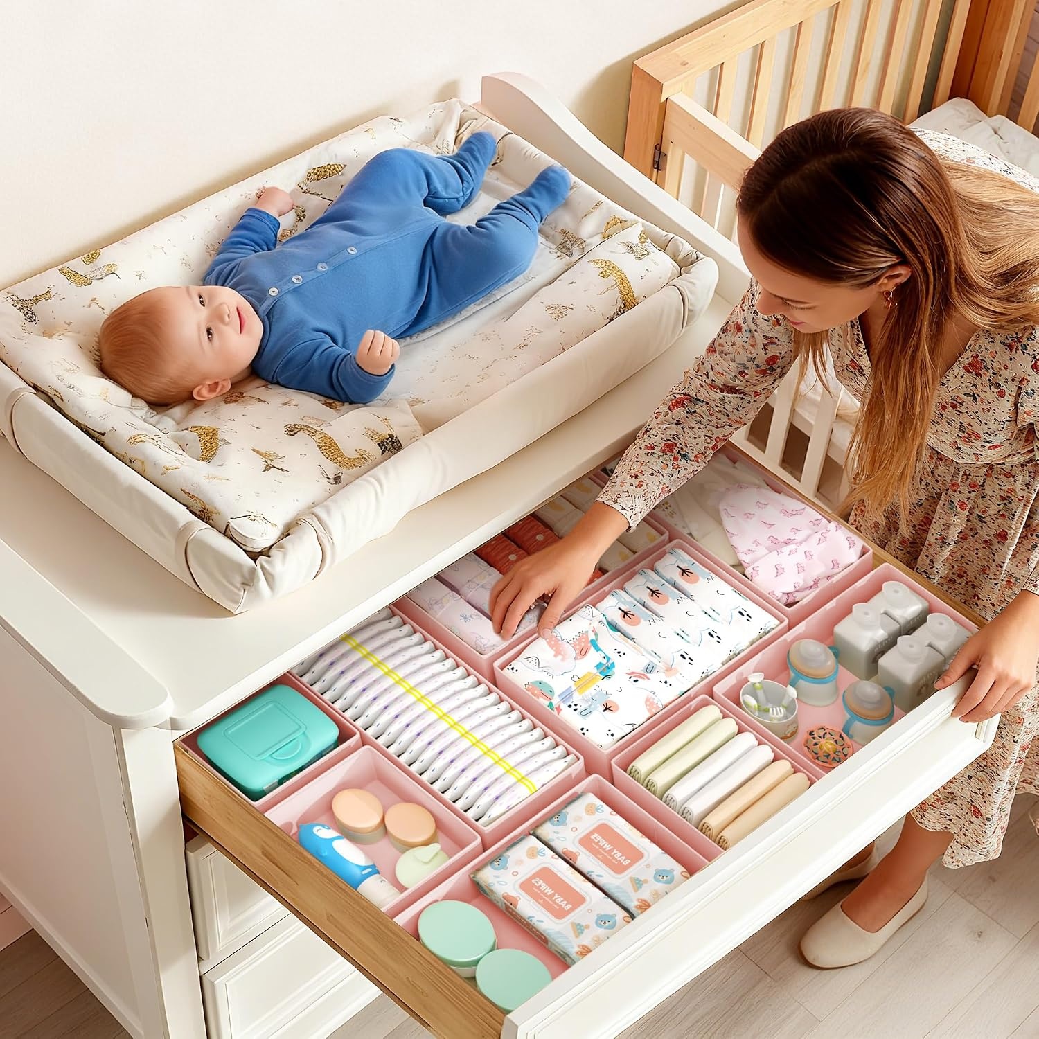 image:imageDIMJ Drawer Organizers Clothes Set of 4 Dresser Organizer Bins Fabric Closet Organizers and Storage Shallow Drawer Dividers for Nursery Clothing Baby Clothes Socks Underwears Tie GreyPink