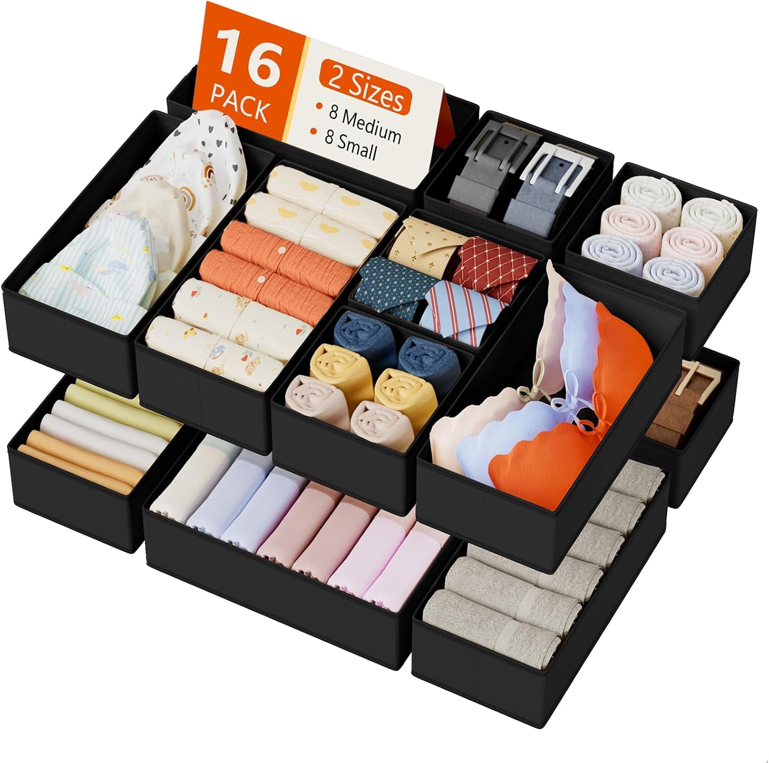 image:imageDIMJ Drawer Organizers Clothes Set of 4 Dresser Organizer Bins Fabric Closet Organizers and Storage Shallow Drawer Dividers for Nursery Clothing Baby Clothes Socks Underwears Tie GreyBlack