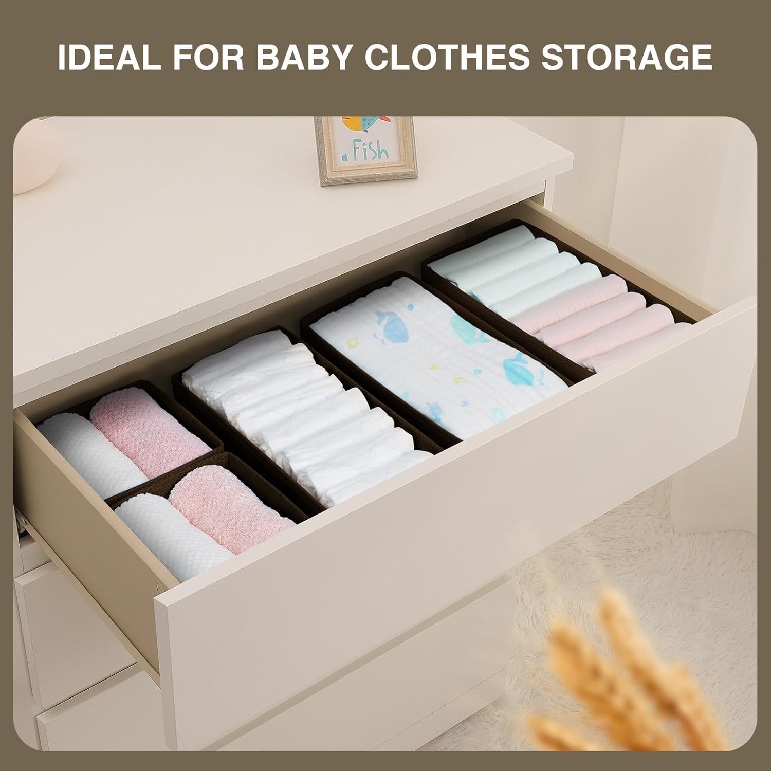 image:imageDIMJ Drawer Organizers Clothes Set of 4 Dresser Organizer Bins Fabric Closet Organizers and Storage Shallow Drawer Dividers for Nursery Clothing Baby Clothes Socks Underwears Tie GreyBrown