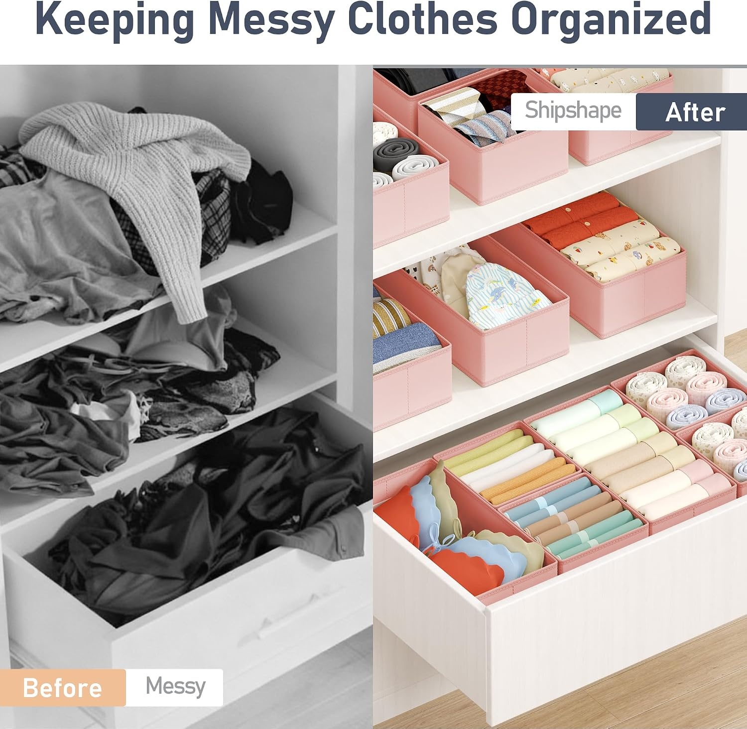 image:imageDIMJ Drawer Organizers Clothes Set of 4 Dresser Organizer Bins Fabric Closet Organizers and Storage Shallow Drawer Dividers for Nursery Clothing Baby Clothes Socks Underwears Tie GreyPink