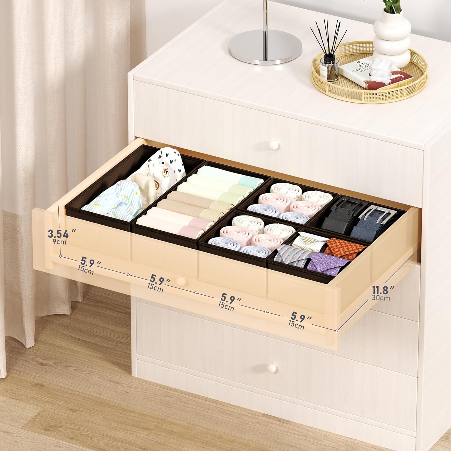 image:imageDIMJ Drawer Organizers Clothes Set of 4 Dresser Organizer Bins Fabric Closet Organizers and Storage Shallow Drawer Dividers for Nursery Clothing Baby Clothes Socks Underwears Tie GreyBlack