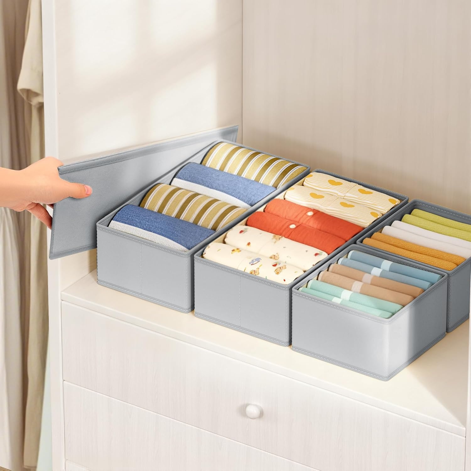 image:imageDIMJ Drawer Organizers Clothes Set of 4 Dresser Organizer Bins Fabric Closet Organizers and Storage Shallow Drawer Dividers for Nursery Clothing Baby Clothes Socks Underwears Tie GreyGray