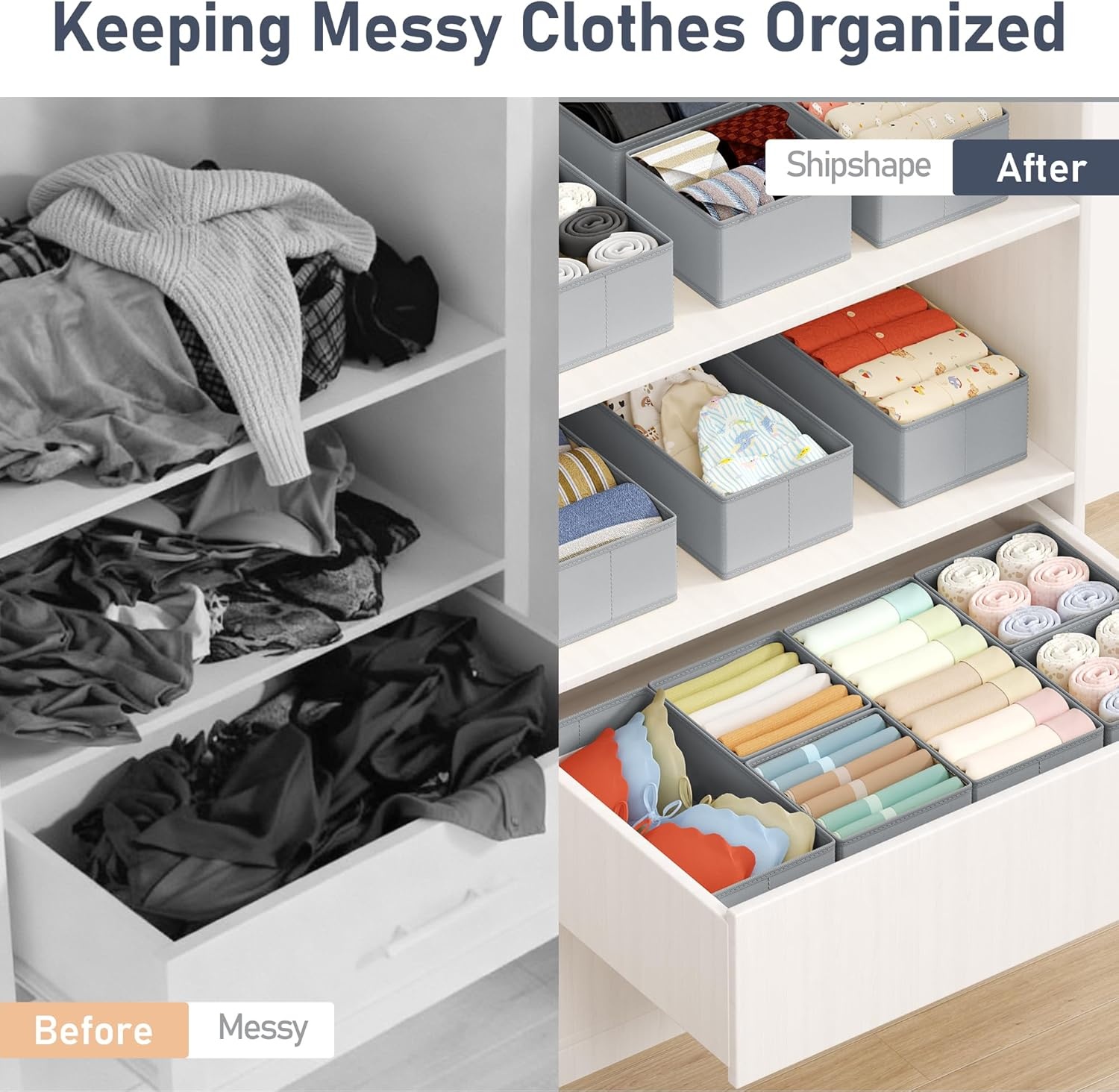 image:imageDIMJ Drawer Organizers Clothes Set of 4 Dresser Organizer Bins Fabric Closet Organizers and Storage Shallow Drawer Dividers for Nursery Clothing Baby Clothes Socks Underwears Tie GreyGray
