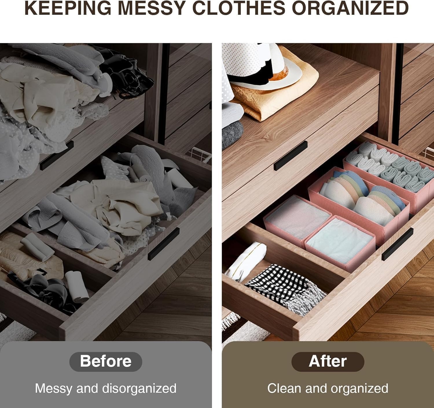image:imageDIMJ Drawer Organizers Clothes Set of 4 Dresser Organizer Bins Fabric Closet Organizers and Storage Shallow Drawer Dividers for Nursery Clothing Baby Clothes Socks Underwears Tie GreyPink