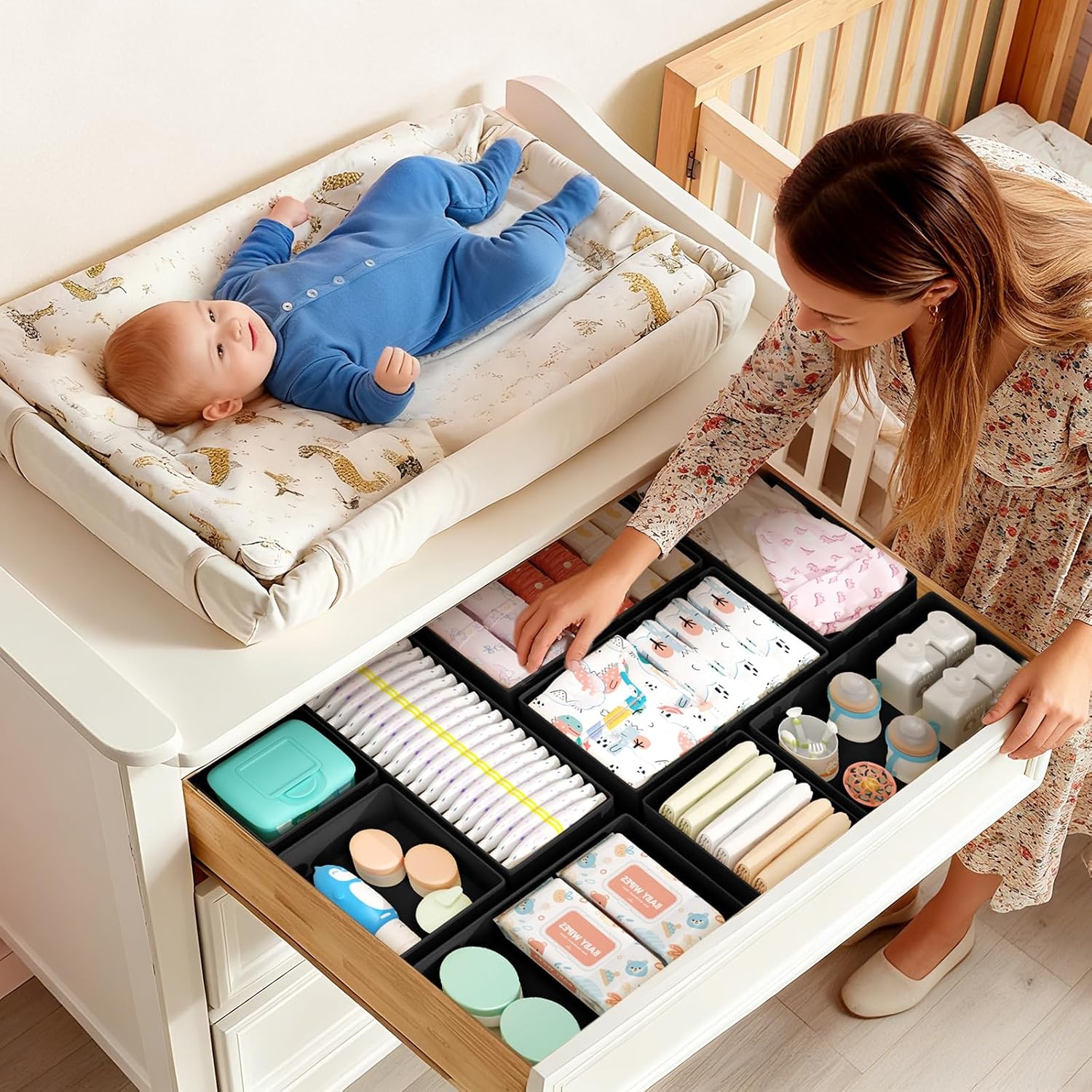 image:imageDIMJ Drawer Organizers Clothes Set of 4 Dresser Organizer Bins Fabric Closet Organizers and Storage Shallow Drawer Dividers for Nursery Clothing Baby Clothes Socks Underwears Tie GreyBlack