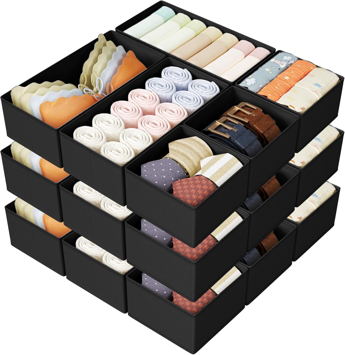 image:imageDIMJ Drawer Organizers Clothes Set of 4 Dresser Organizer Bins Fabric Closet Organizers and Storage Shallow Drawer Dividers for Nursery Clothing Baby Clothes Socks Underwears Tie GreyBlack