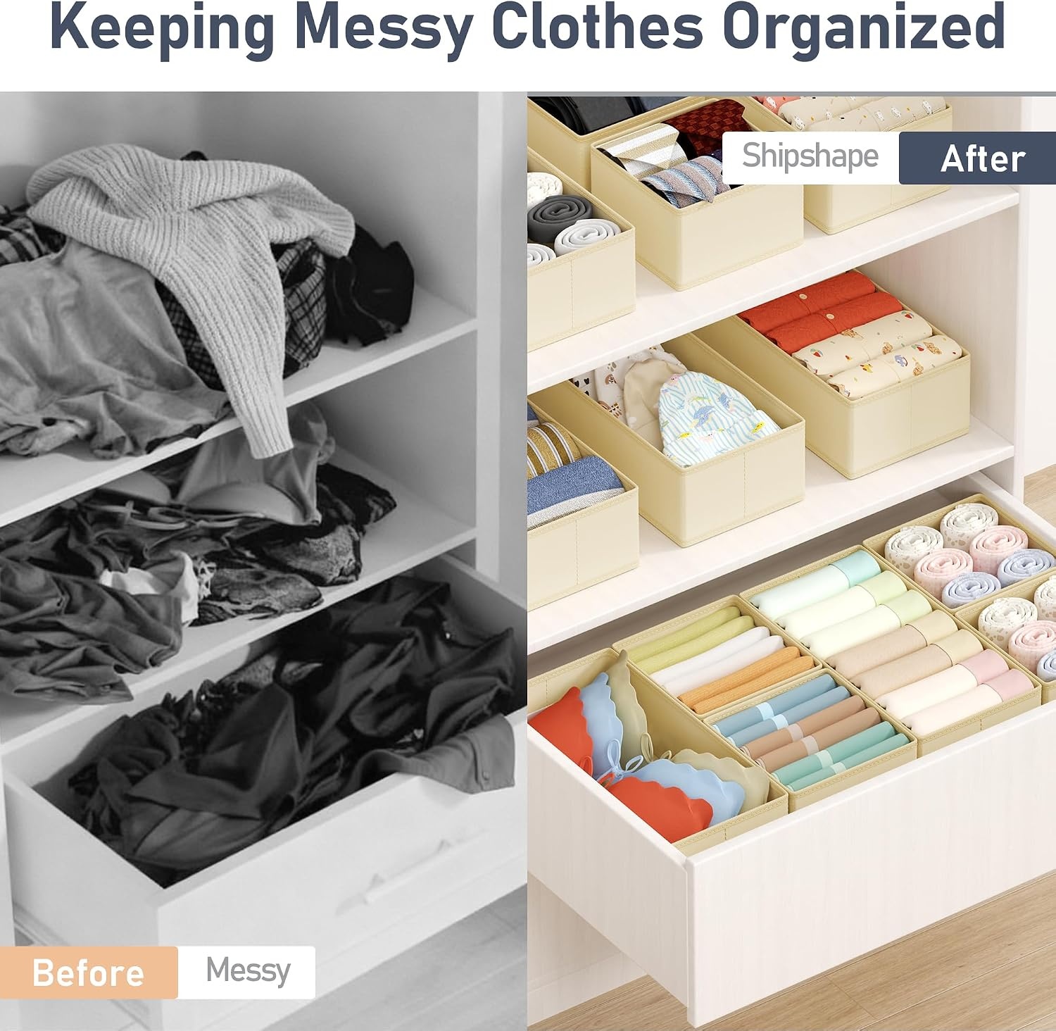 image:imageDIMJ Drawer Organizers Clothes Set of 4 Dresser Organizer Bins Fabric Closet Organizers and Storage Shallow Drawer Dividers for Nursery Clothing Baby Clothes Socks Underwears Tie GreyBeige