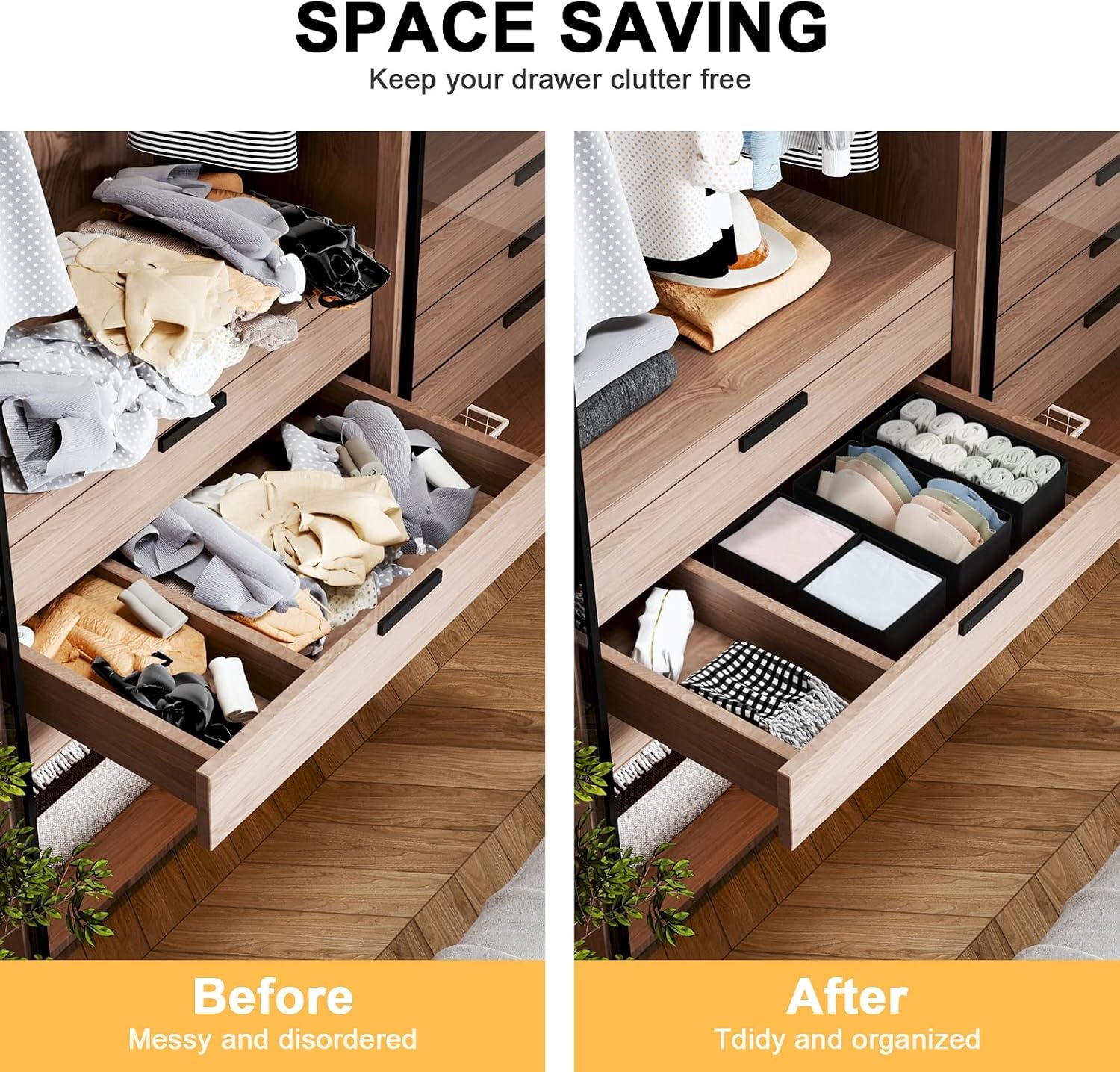 image:imageDIMJ Drawer Organizers Clothes Set of 4 Dresser Organizer Bins Fabric Closet Organizers and Storage Shallow Drawer Dividers for Nursery Clothing Baby Clothes Socks Underwears Tie GreyBlack