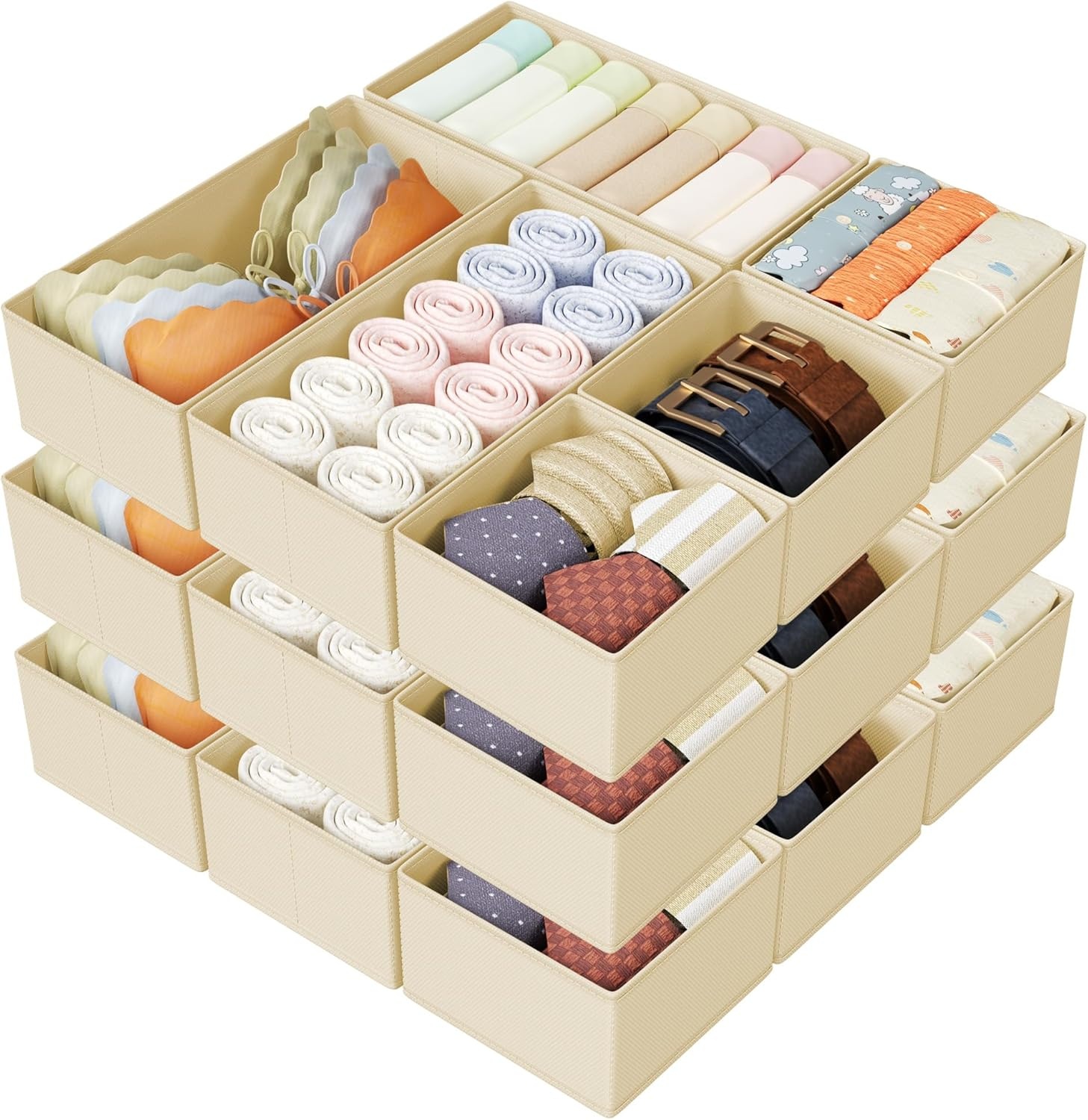 image:imageDIMJ Drawer Organizers Clothes Set of 4 Dresser Organizer Bins Fabric Closet Organizers and Storage Shallow Drawer Dividers for Nursery Clothing Baby Clothes Socks Underwears Tie GreyBeige