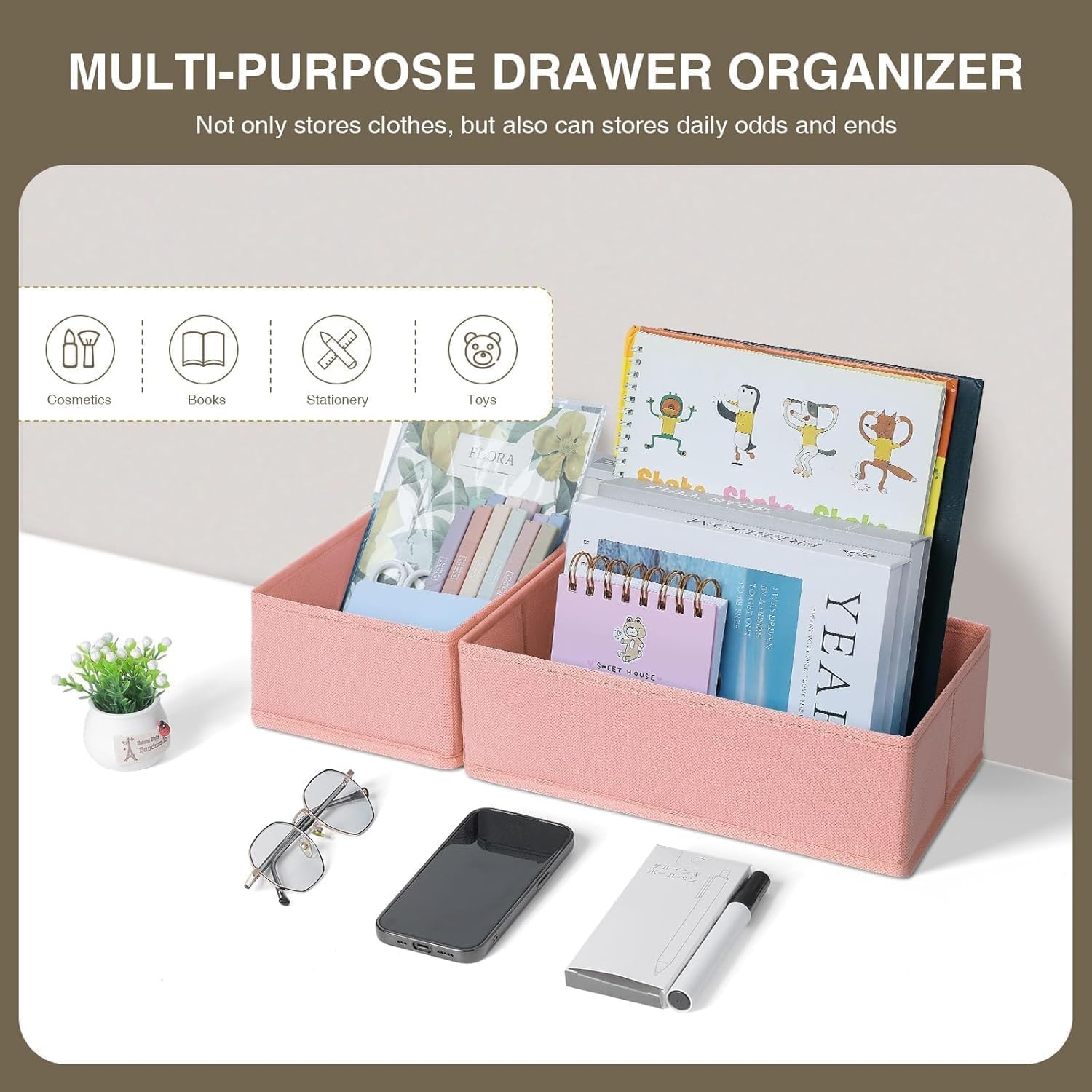 image:imageDIMJ Drawer Organizers Clothes Set of 4 Dresser Organizer Bins Fabric Closet Organizers and Storage Shallow Drawer Dividers for Nursery Clothing Baby Clothes Socks Underwears Tie GreyPink