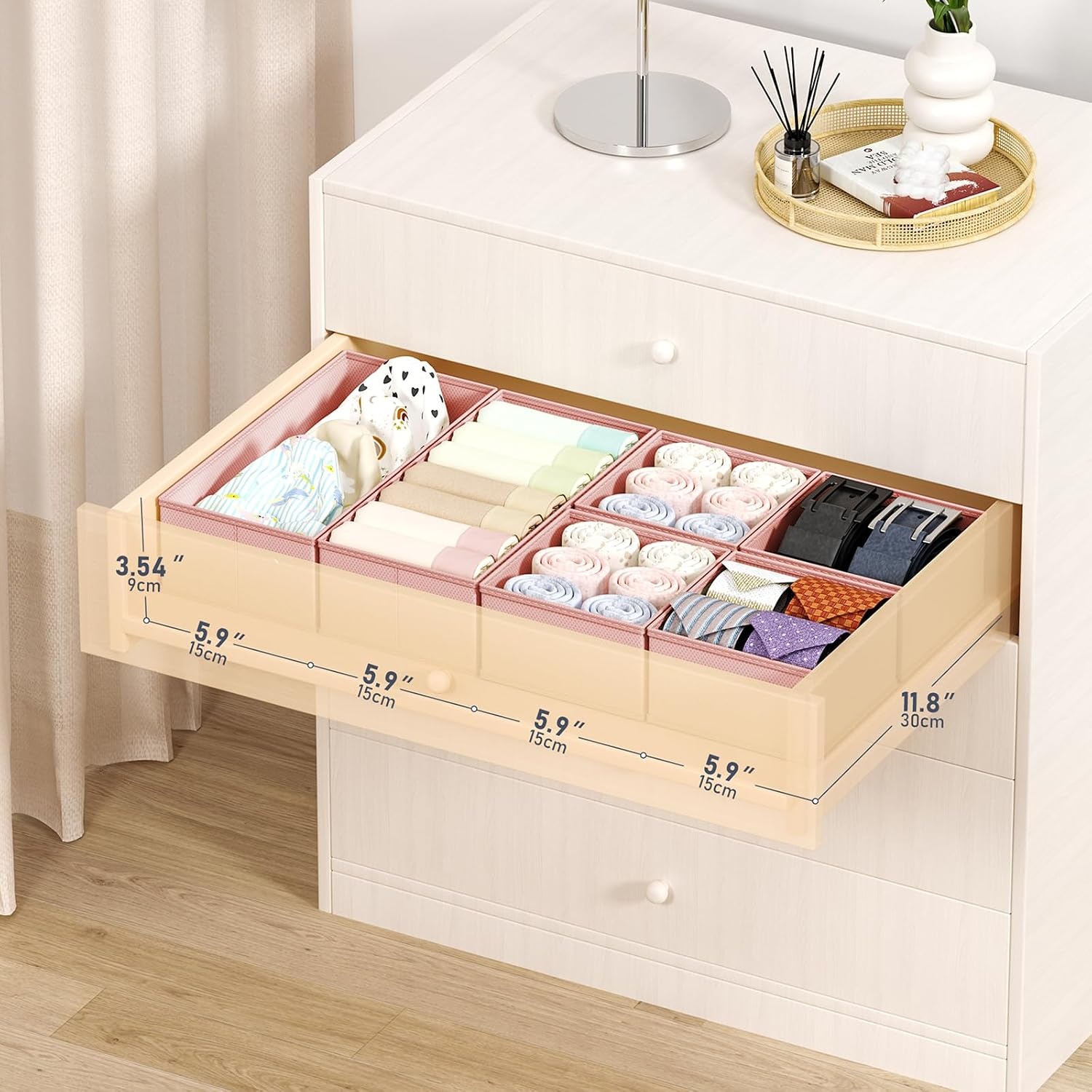 image:imageDIMJ Drawer Organizers Clothes Set of 4 Dresser Organizer Bins Fabric Closet Organizers and Storage Shallow Drawer Dividers for Nursery Clothing Baby Clothes Socks Underwears Tie GreyPink