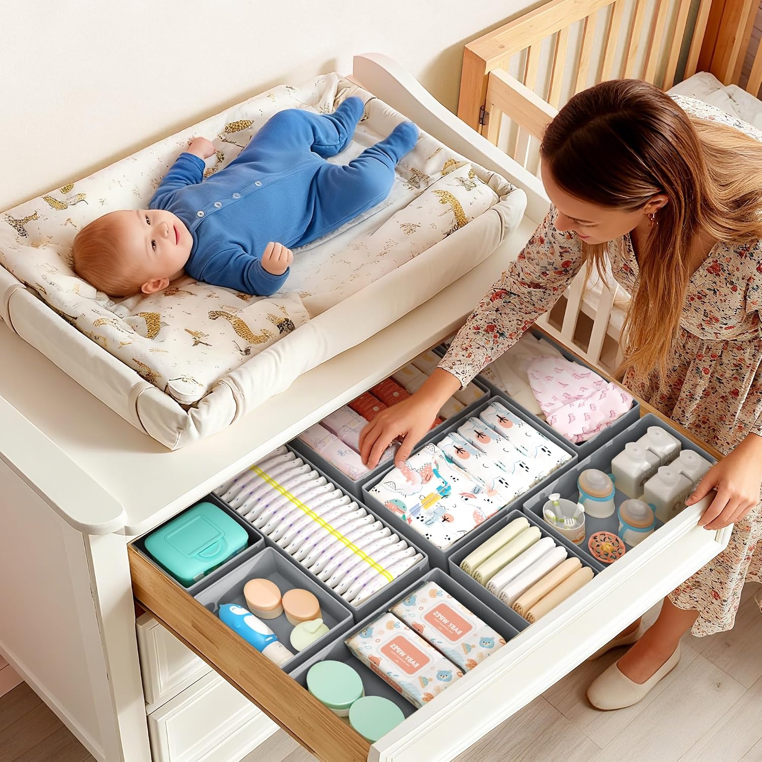 image:imageDIMJ Drawer Organizers Clothes Set of 4 Dresser Organizer Bins Fabric Closet Organizers and Storage Shallow Drawer Dividers for Nursery Clothing Baby Clothes Socks Underwears Tie GreyGray