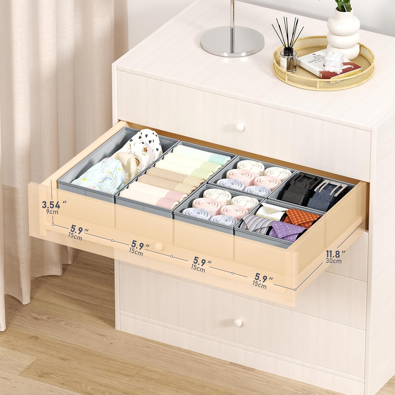 image:imageDIMJ Drawer Organizers Clothes Set of 4 Dresser Organizer Bins Fabric Closet Organizers and Storage Shallow Drawer Dividers for Nursery Clothing Baby Clothes Socks Underwears Tie GreyGray