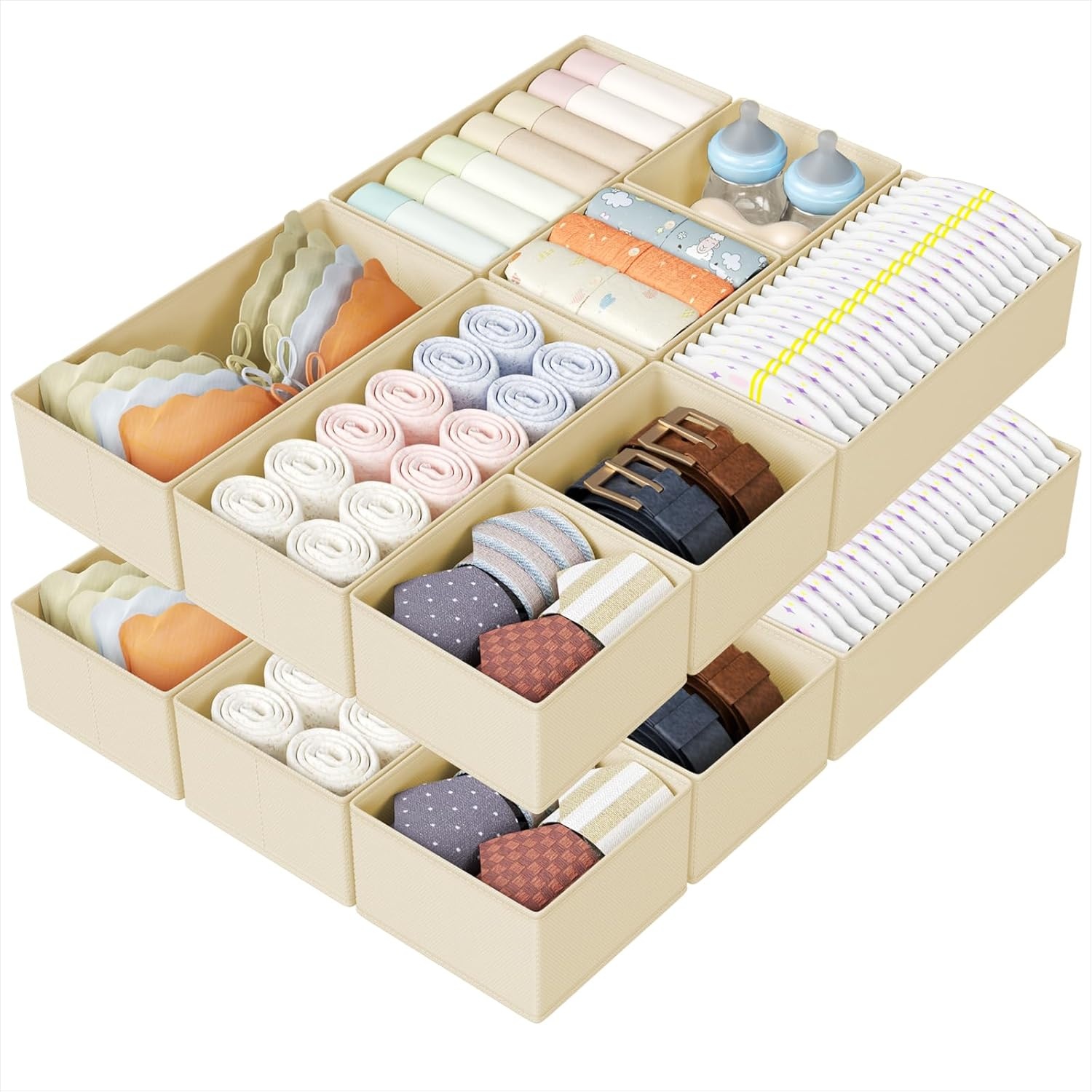 image:imageDIMJ Drawer Organizers Clothes Set of 4 Dresser Organizer Bins Fabric Closet Organizers and Storage Shallow Drawer Dividers for Nursery Clothing Baby Clothes Socks Underwears Tie GreyBeige