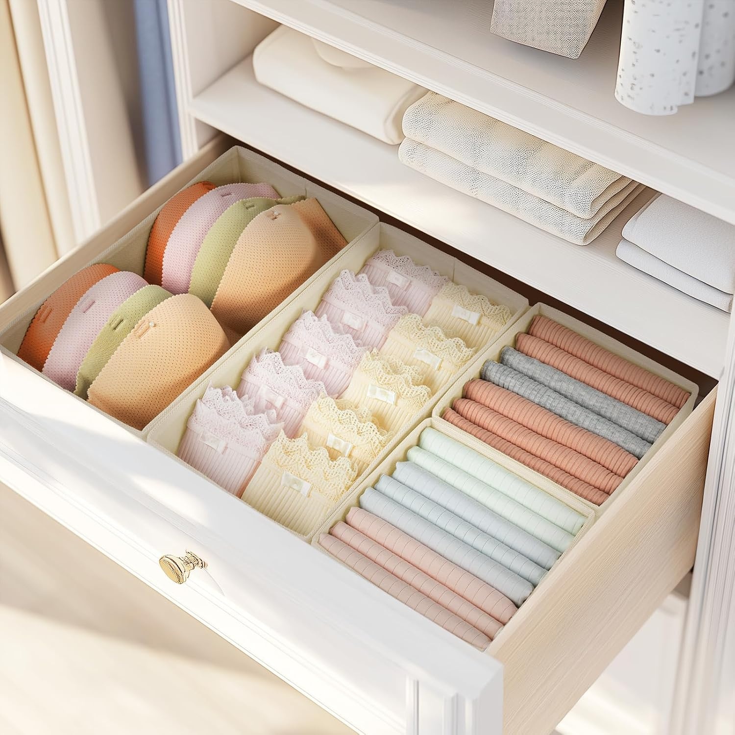image:imageDIMJ Drawer Organizers Clothes Set of 4 Dresser Organizer Bins Fabric Closet Organizers and Storage Shallow Drawer Dividers for Nursery Clothing Baby Clothes Socks Underwears Tie GreyBeige