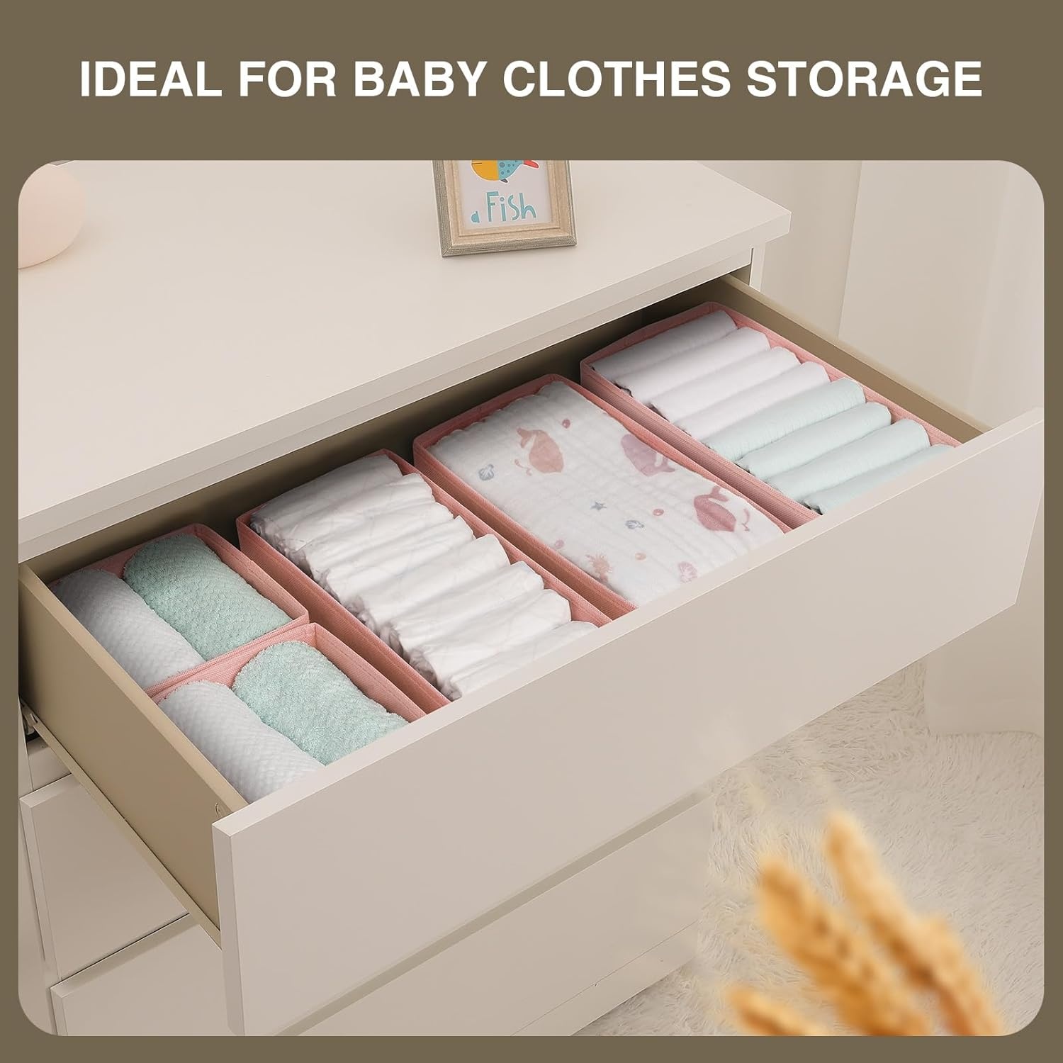 image:imageDIMJ Drawer Organizers Clothes Set of 4 Dresser Organizer Bins Fabric Closet Organizers and Storage Shallow Drawer Dividers for Nursery Clothing Baby Clothes Socks Underwears Tie GreyPink