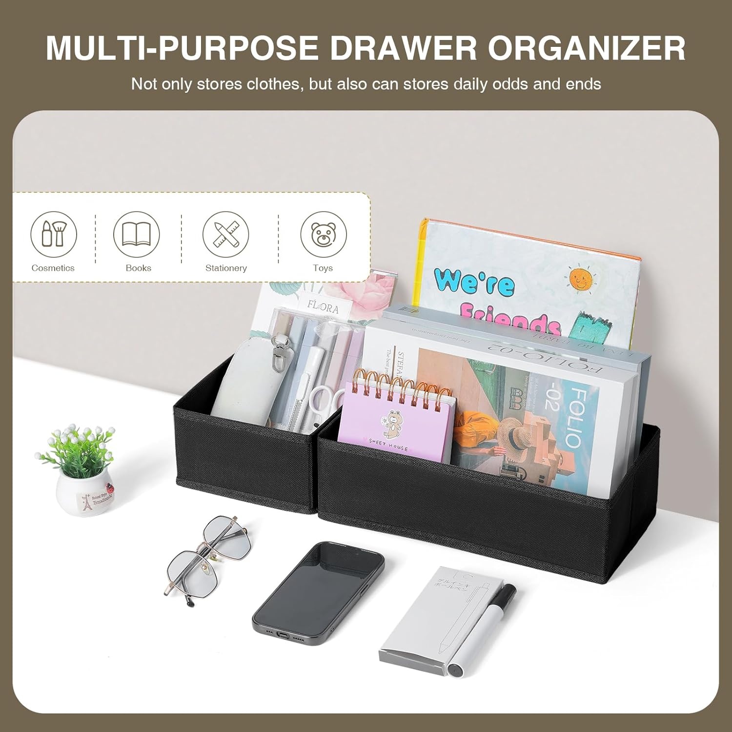 image:imageDIMJ Drawer Organizers Clothes Set of 4 Dresser Organizer Bins Fabric Closet Organizers and Storage Shallow Drawer Dividers for Nursery Clothing Baby Clothes Socks Underwears Tie GreyBlack