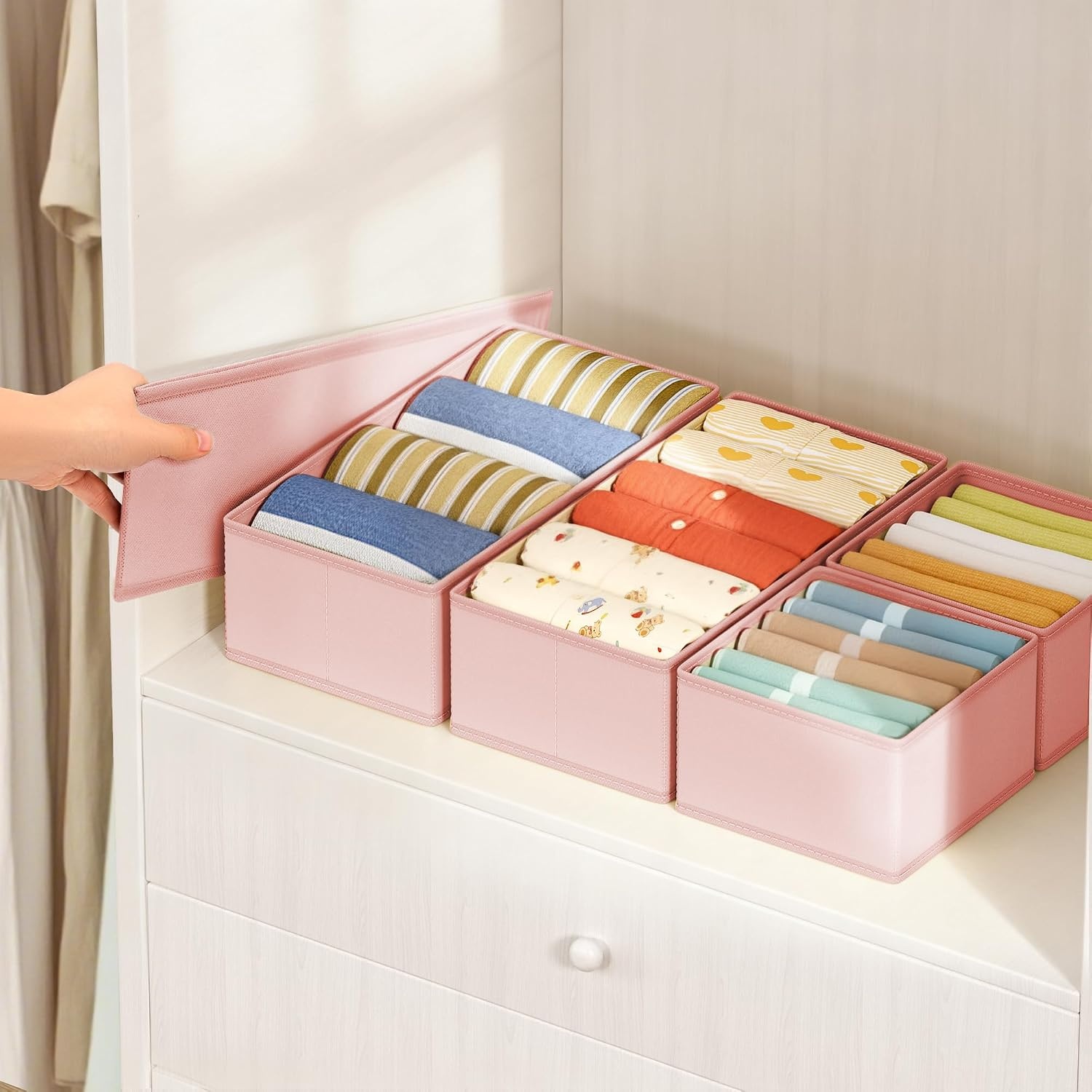image:imageDIMJ Drawer Organizers Clothes Set of 4 Dresser Organizer Bins Fabric Closet Organizers and Storage Shallow Drawer Dividers for Nursery Clothing Baby Clothes Socks Underwears Tie GreyPink