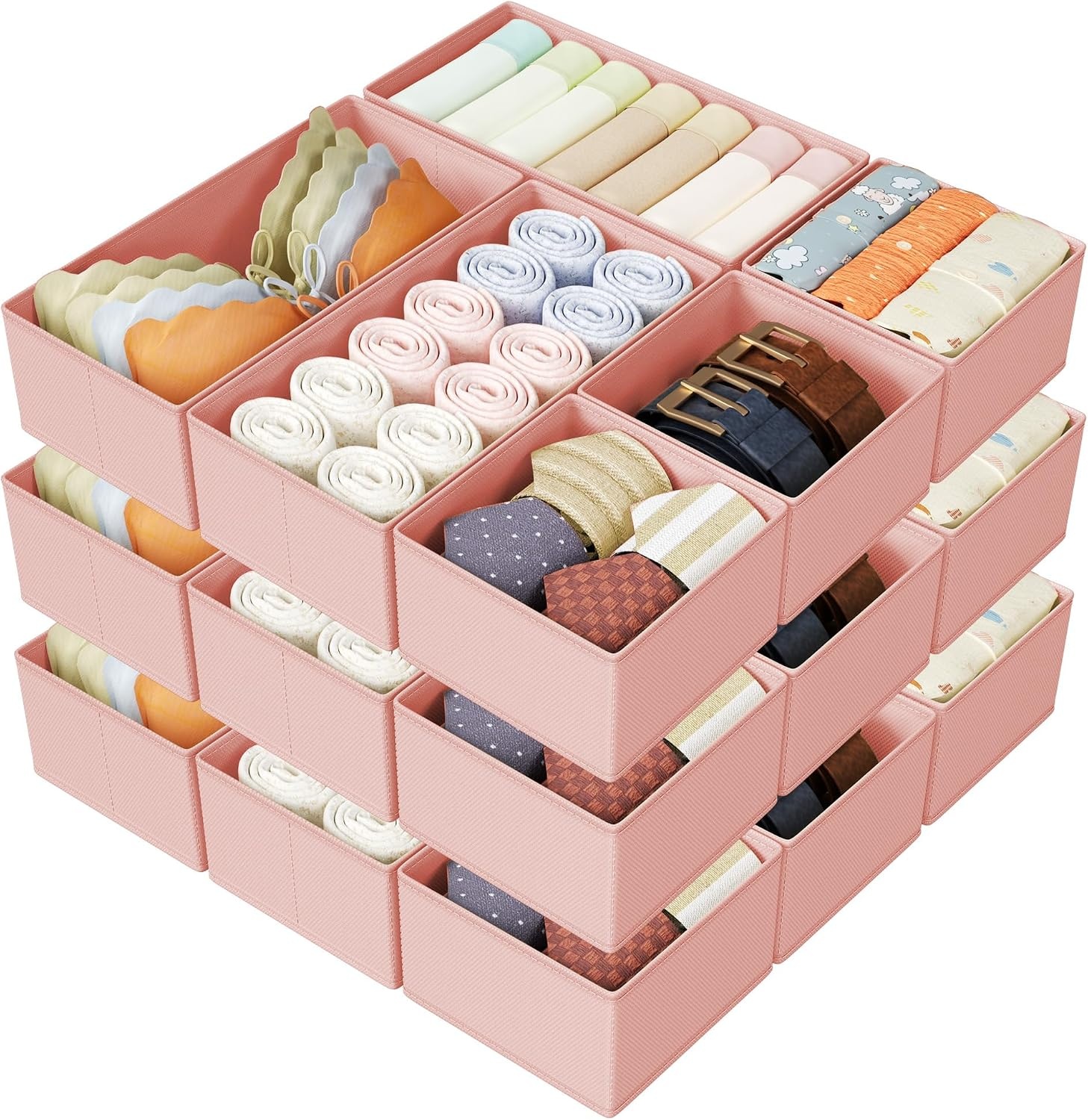 image:imageDIMJ Drawer Organizers Clothes Set of 4 Dresser Organizer Bins Fabric Closet Organizers and Storage Shallow Drawer Dividers for Nursery Clothing Baby Clothes Socks Underwears Tie GreyPink
