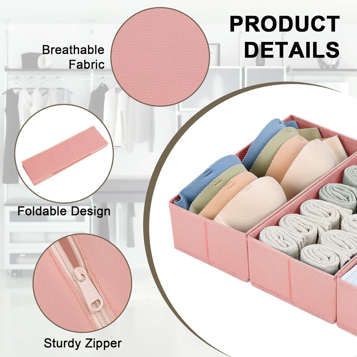 image:imageDIMJ Drawer Organizers Clothes Set of 4 Dresser Organizer Bins Fabric Closet Organizers and Storage Shallow Drawer Dividers for Nursery Clothing Baby Clothes Socks Underwears Tie GreyPink
