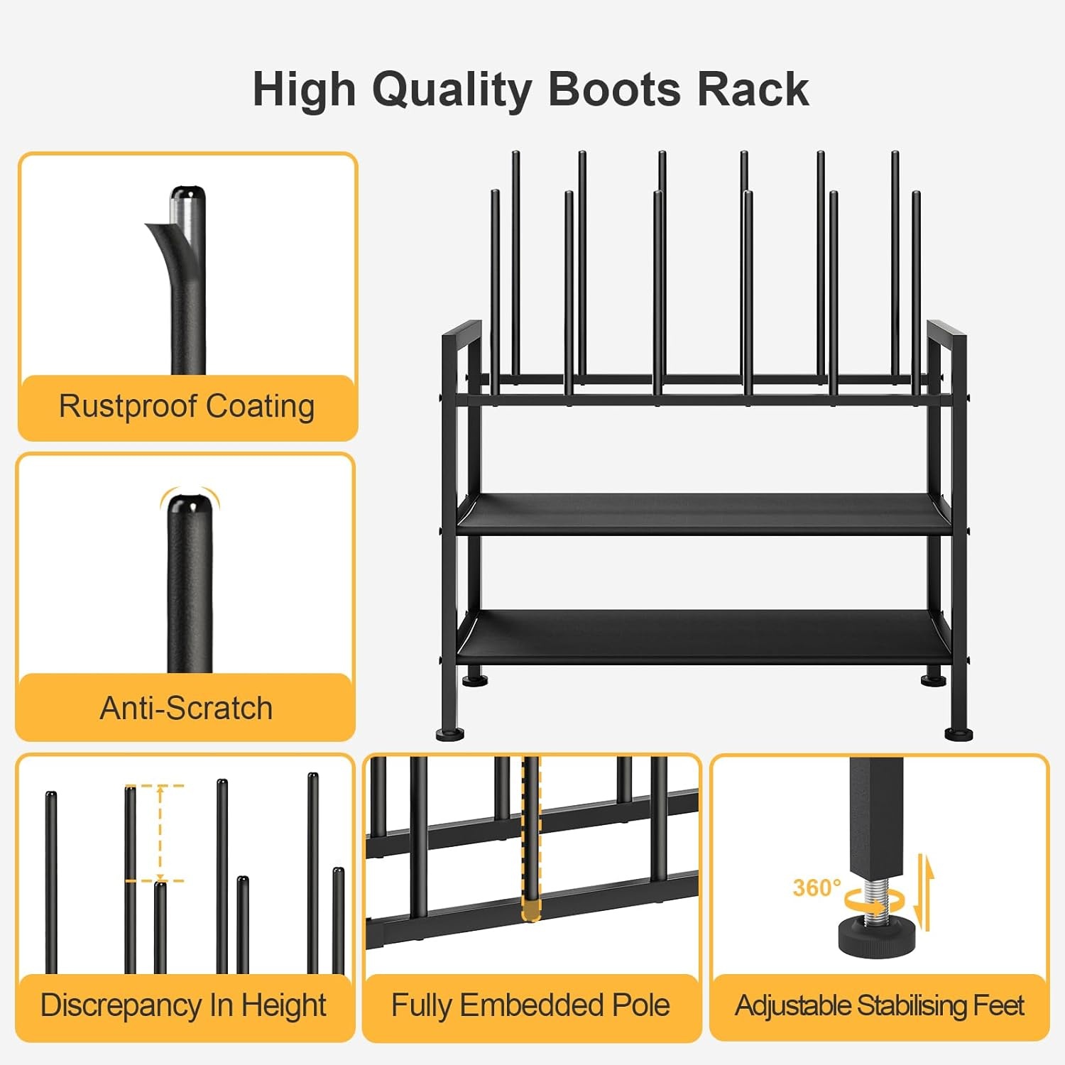 image:imageDIMJ Free Standing Shoe Racks 3Tier Boot Rack Black Metal Storage Organizer for Tall Boots Sneakers Closet Organizer Multiuse Shoe Rack Fits 6 Pairs1 Pack 4Tier 6 Pair