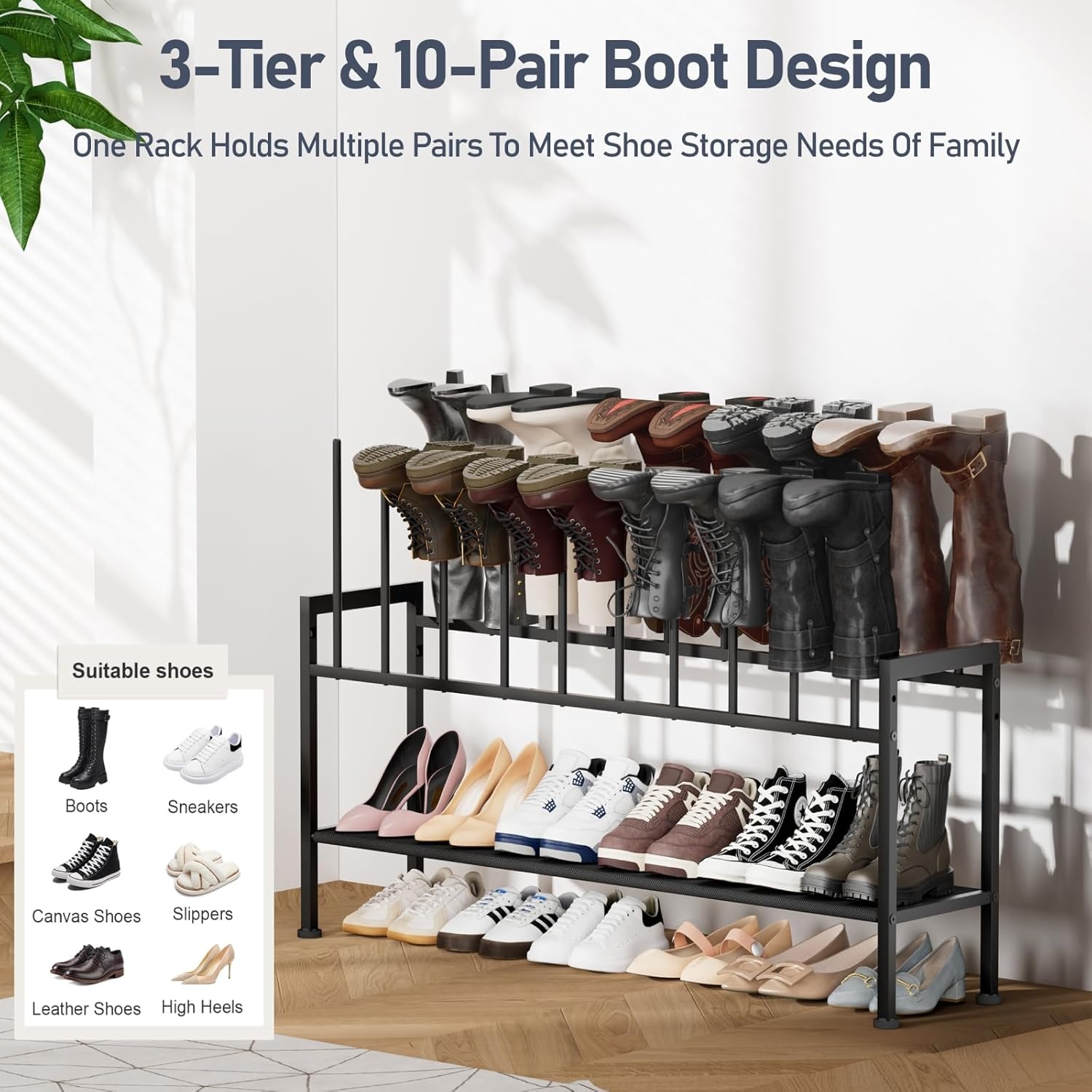 image:imageDIMJ Free Standing Shoe Racks 3Tier Boot Rack Black Metal Storage Organizer for Tall Boots Sneakers Closet Organizer Multiuse Shoe Rack Fits 6 Pairs1 Pack 3Tier 10 Pair