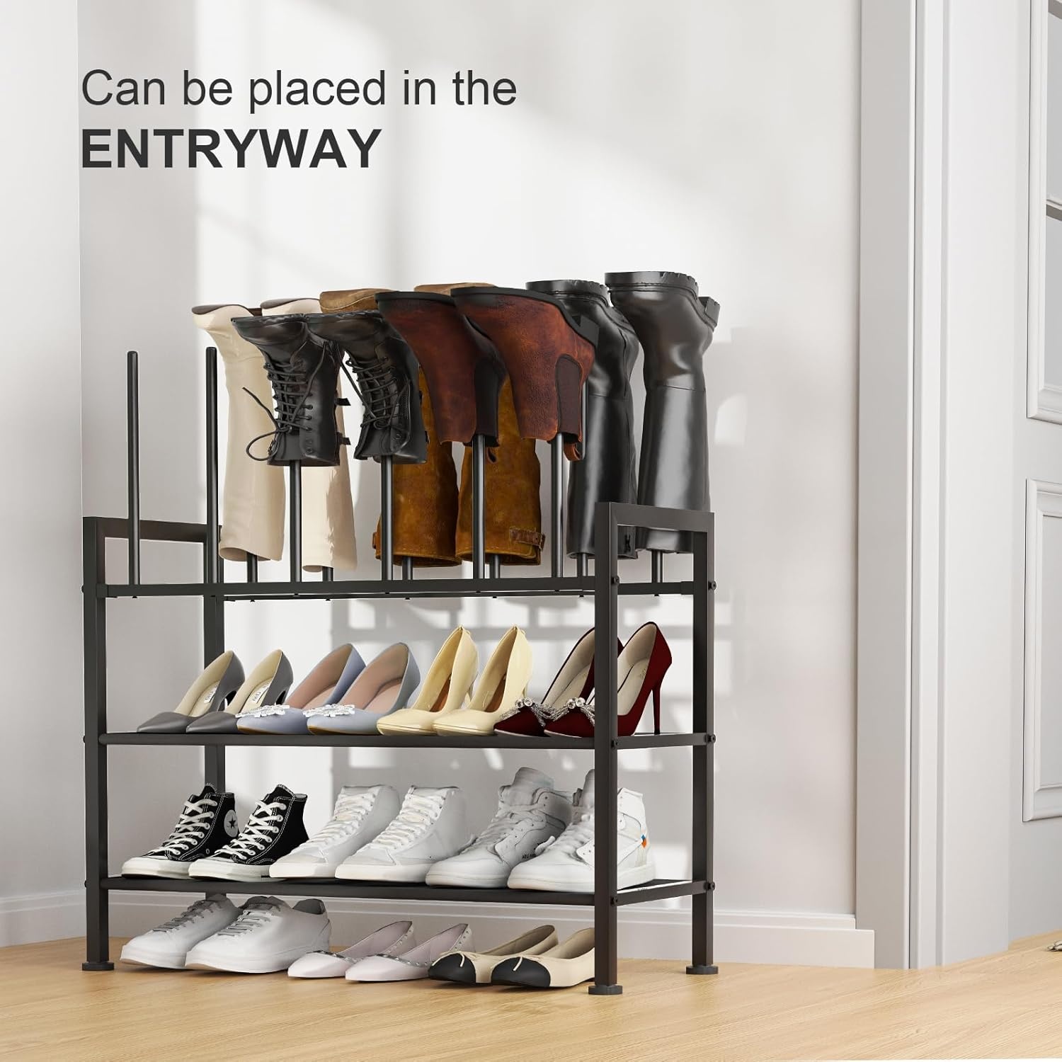 image:imageDIMJ Free Standing Shoe Racks 3Tier Boot Rack Black Metal Storage Organizer for Tall Boots Sneakers Closet Organizer Multiuse Shoe Rack Fits 6 Pairs1 Pack 4Tier 6 Pair