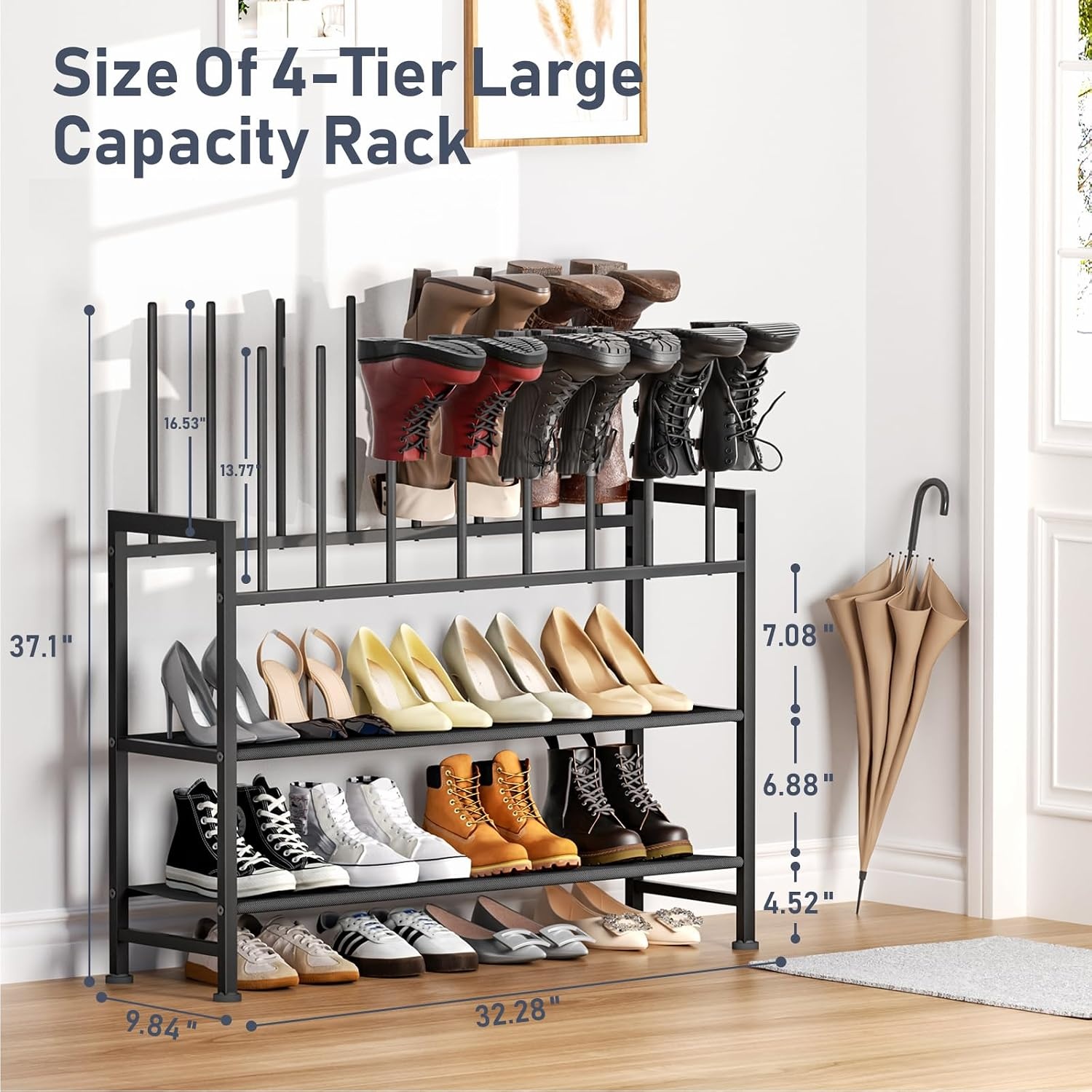 image:imageDIMJ Free Standing Shoe Racks 3Tier Boot Rack Black Metal Storage Organizer for Tall Boots Sneakers Closet Organizer Multiuse Shoe Rack Fits 6 Pairs1 Pack 4 Tier 8 Pairs