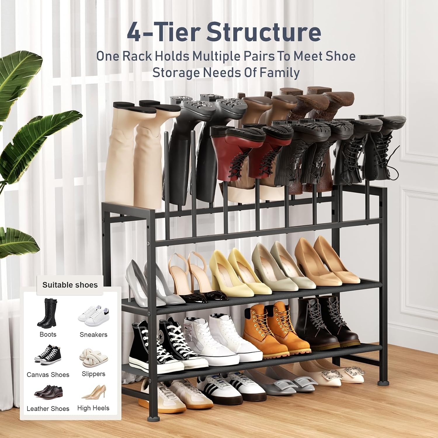 image:imageDIMJ Free Standing Shoe Racks 3Tier Boot Rack Black Metal Storage Organizer for Tall Boots Sneakers Closet Organizer Multiuse Shoe Rack Fits 6 Pairs1 Pack 4 Tier 8 Pairs