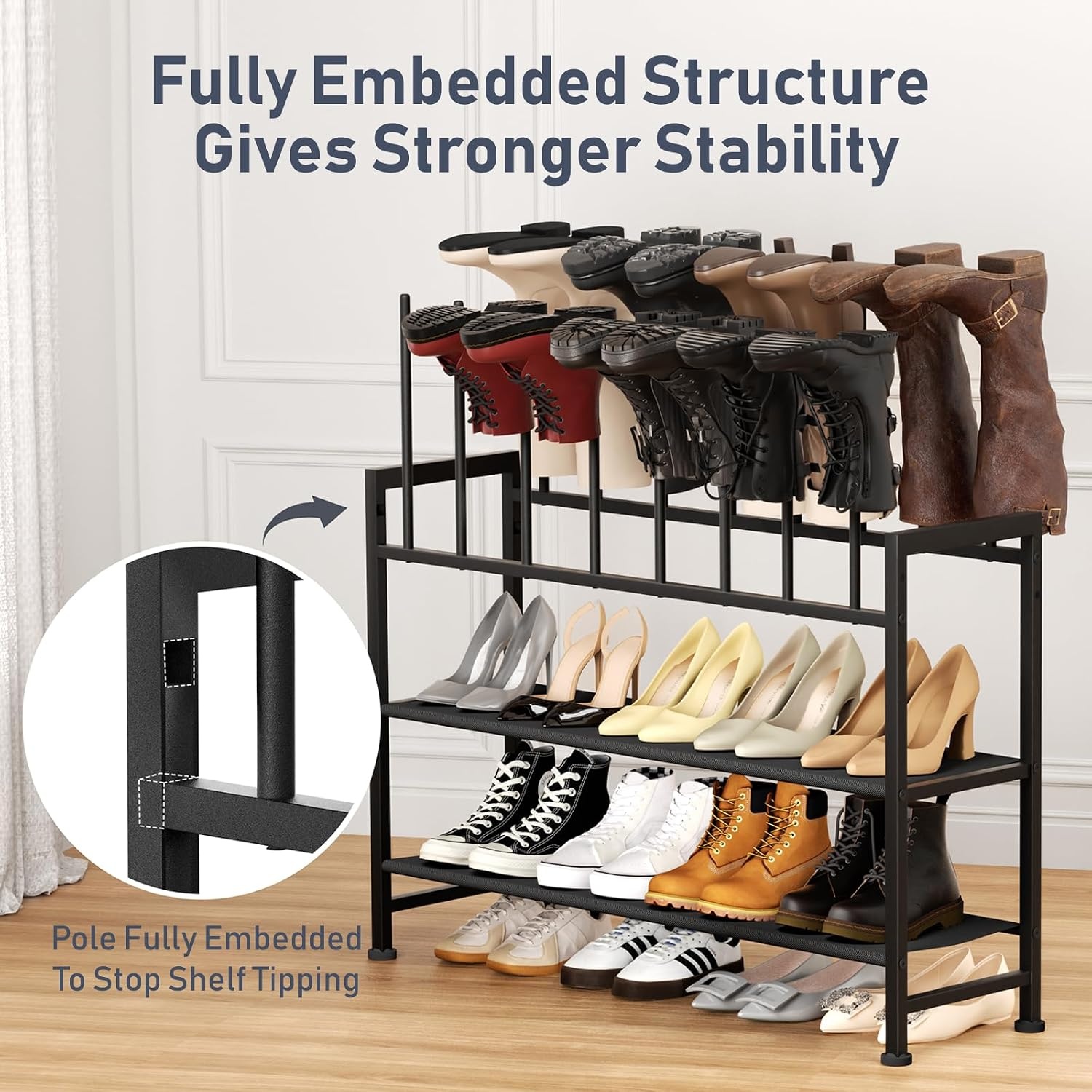 image:imageDIMJ Free Standing Shoe Racks 3Tier Boot Rack Black Metal Storage Organizer for Tall Boots Sneakers Closet Organizer Multiuse Shoe Rack Fits 6 Pairs1 Pack 4 Tier 8 Pairs