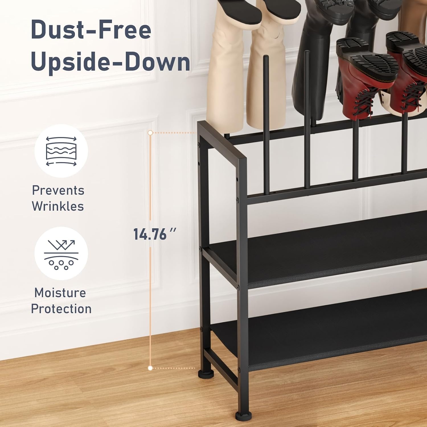 image:imageDIMJ Free Standing Shoe Racks 3Tier Boot Rack Black Metal Storage Organizer for Tall Boots Sneakers Closet Organizer Multiuse Shoe Rack Fits 6 Pairs1 Pack 4 Tier 8 Pairs