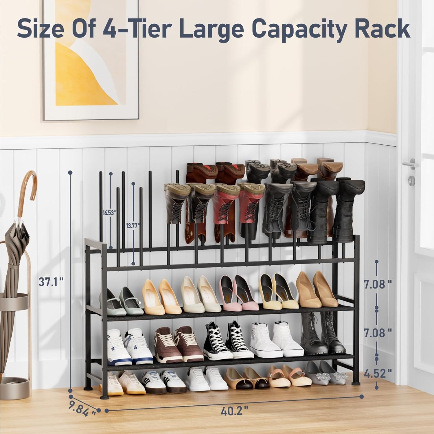 image:imageDIMJ Free Standing Shoe Racks 3Tier Boot Rack Black Metal Storage Organizer for Tall Boots Sneakers Closet Organizer Multiuse Shoe Rack Fits 6 Pairs1 Pack 4 Tier 10 Pair