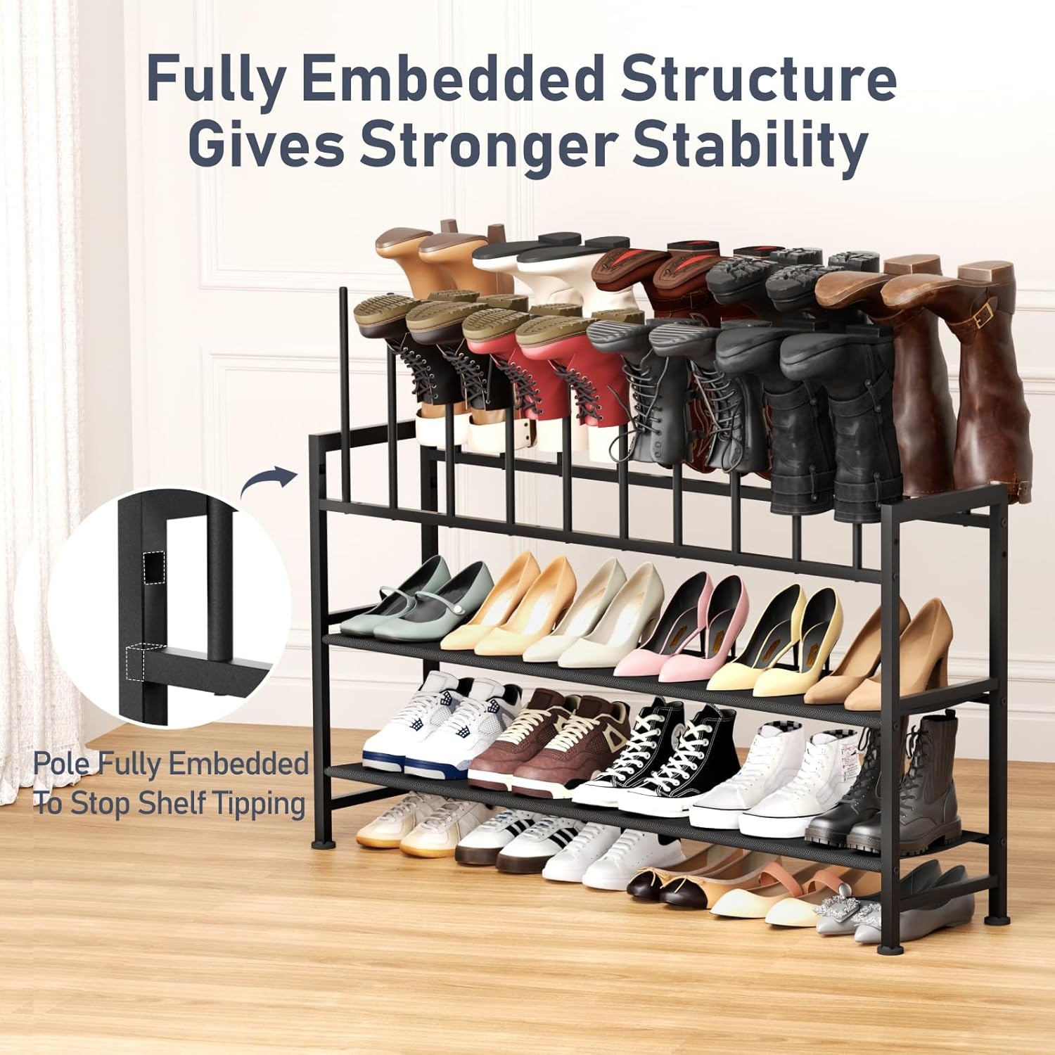 image:imageDIMJ Free Standing Shoe Racks 3Tier Boot Rack Black Metal Storage Organizer for Tall Boots Sneakers Closet Organizer Multiuse Shoe Rack Fits 6 Pairs1 Pack 4 Tier 10 Pair