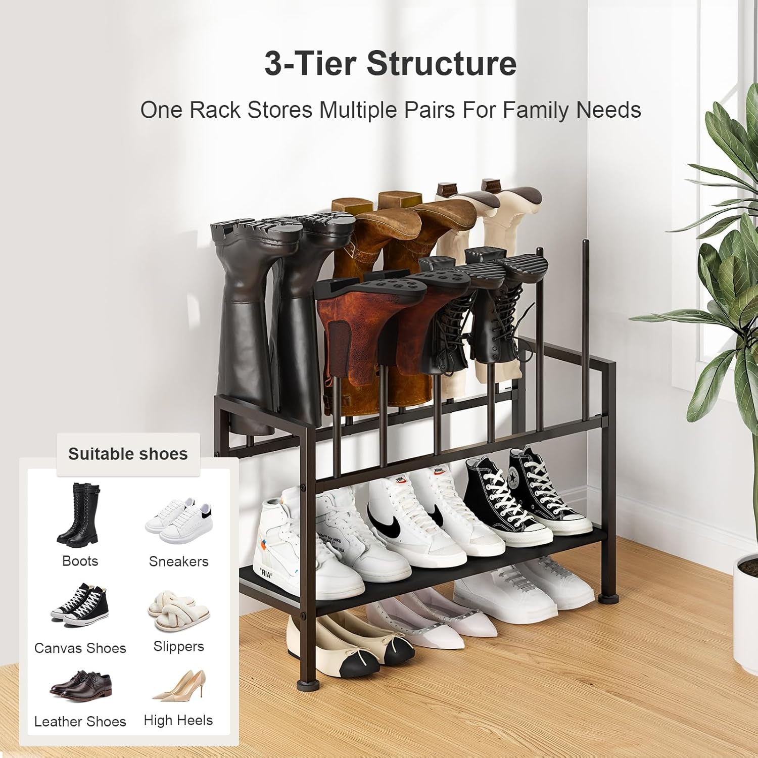 image:imageDIMJ Free Standing Shoe Racks 3Tier Boot Rack Black Metal Storage Organizer for Tall Boots Sneakers Closet Organizer Multiuse Shoe Rack Fits 6 Pairs1 Pack 3Tier