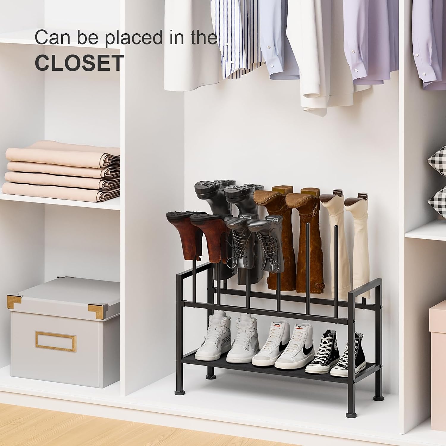 image:imageDIMJ Free Standing Shoe Racks 3Tier Boot Rack Black Metal Storage Organizer for Tall Boots Sneakers Closet Organizer Multiuse Shoe Rack Fits 6 Pairs1 Pack 3Tier